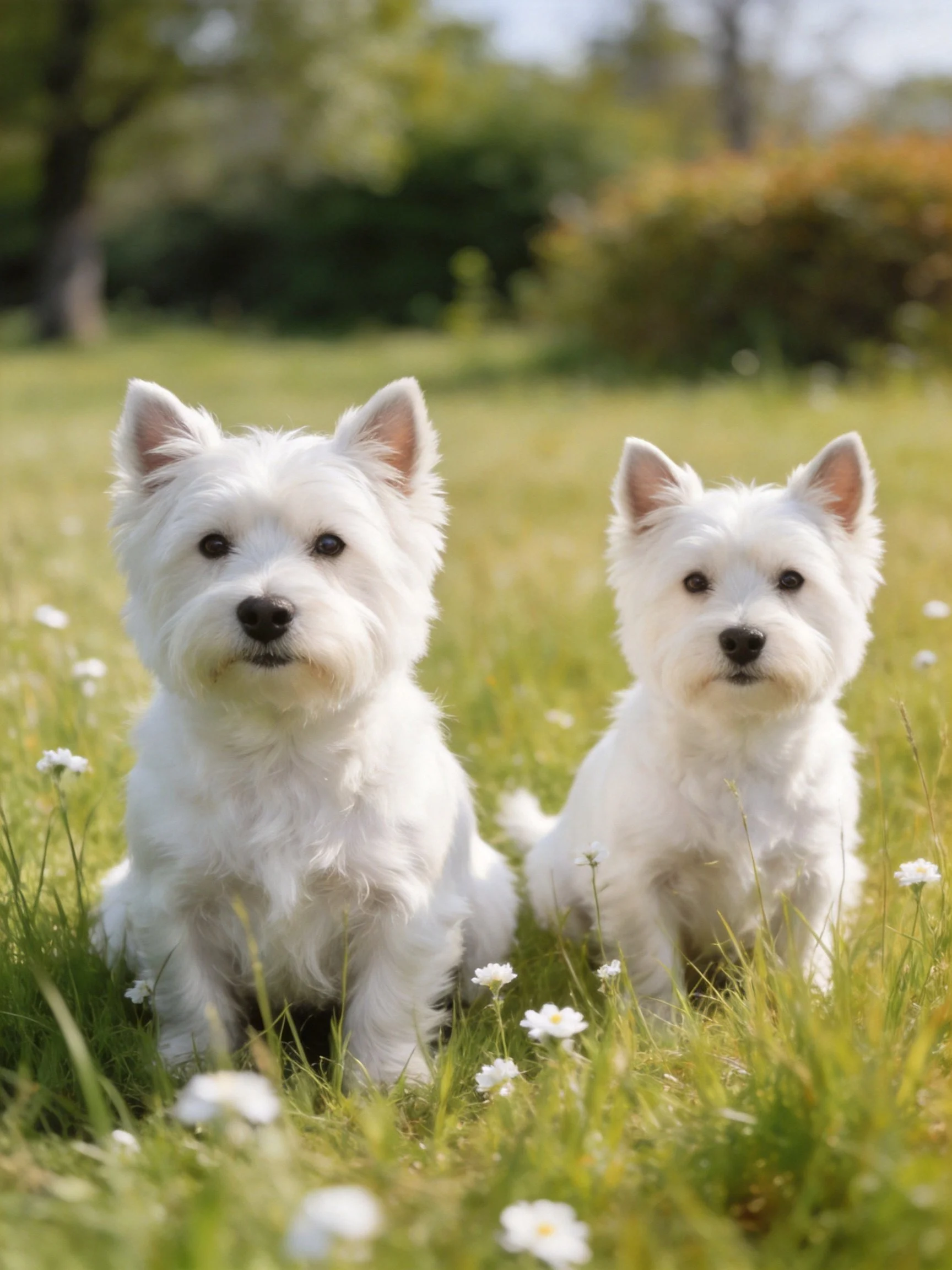 Two white terriers sit peacefully in a grassy field with scattered small white flowers