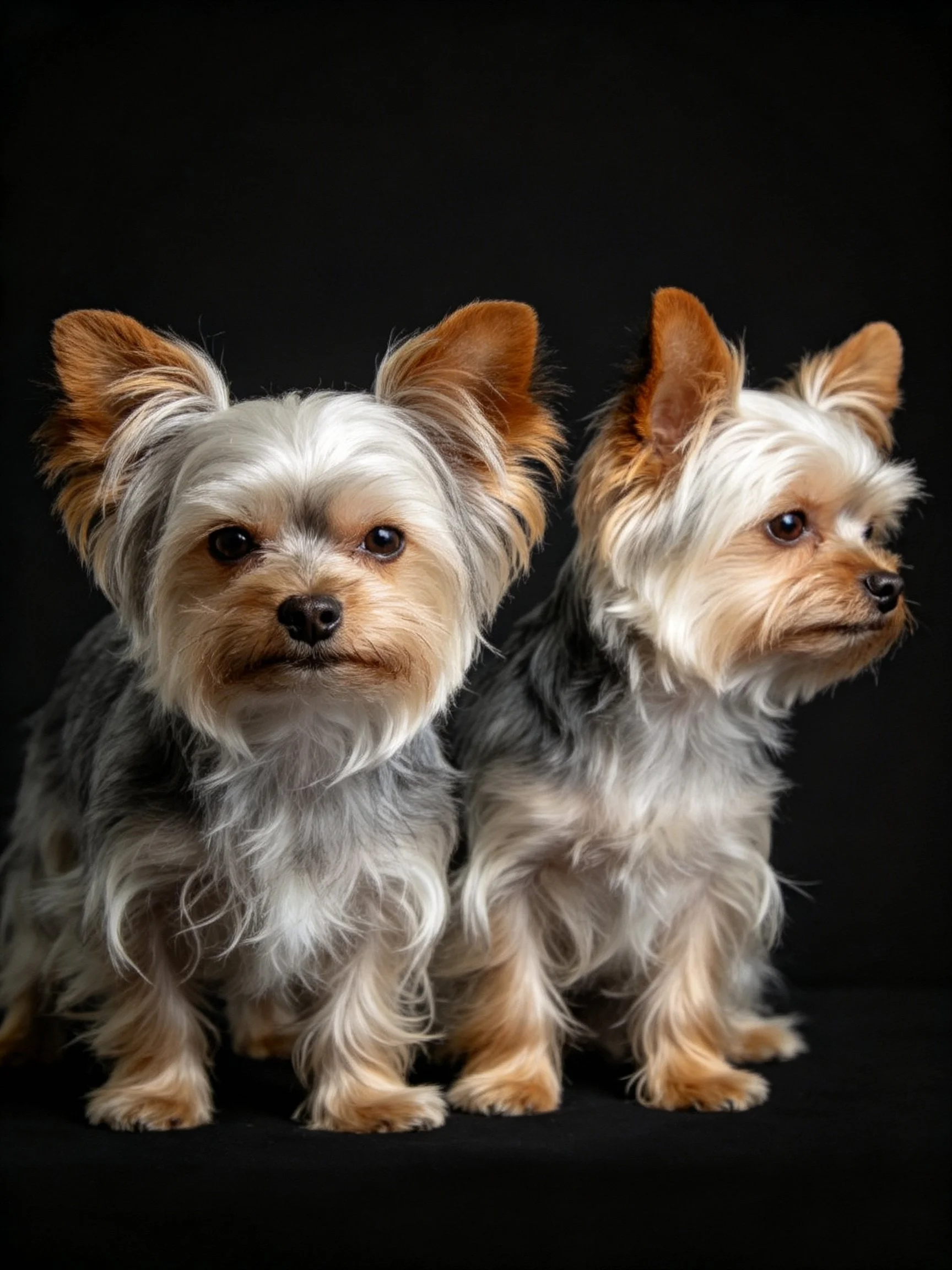 Two Yorkshire Terriers with brown, gray, and white fur sit side by side on a black surface