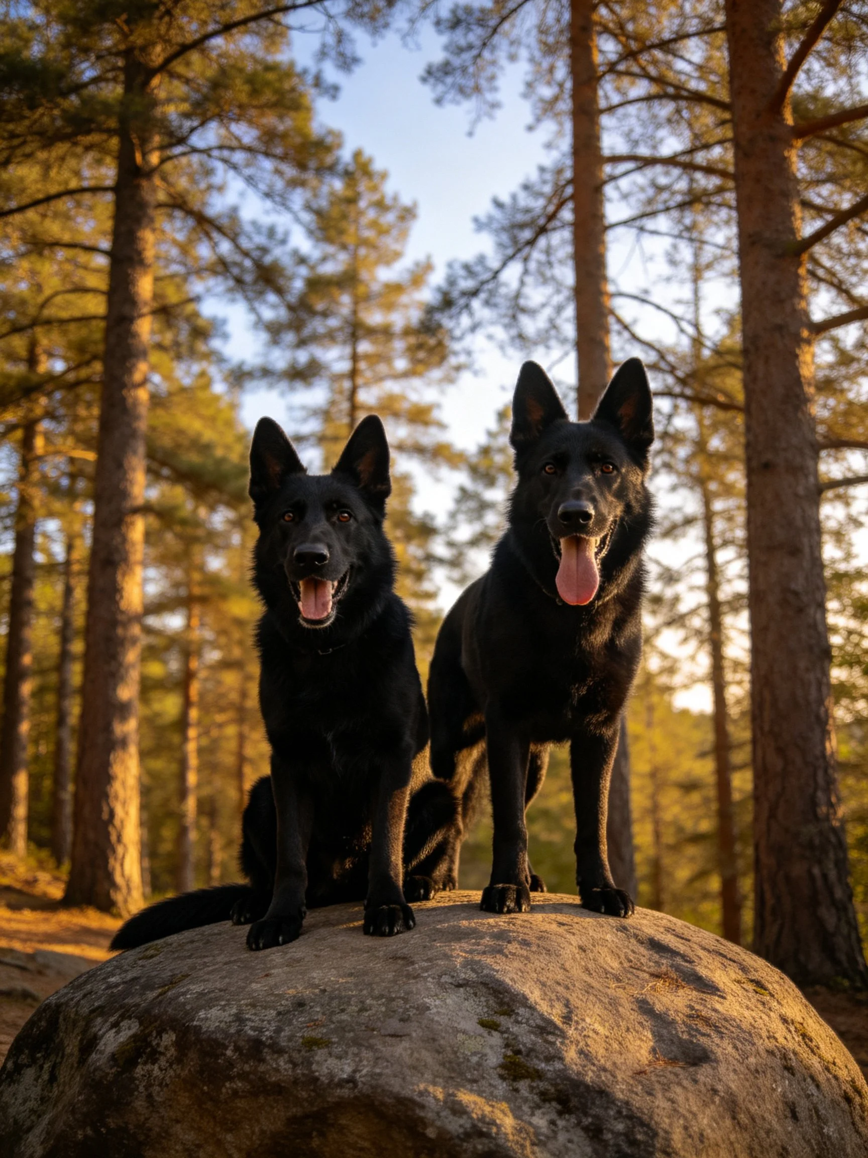 Two black dogs sit and stand on a rock in a sunlit pine forest.