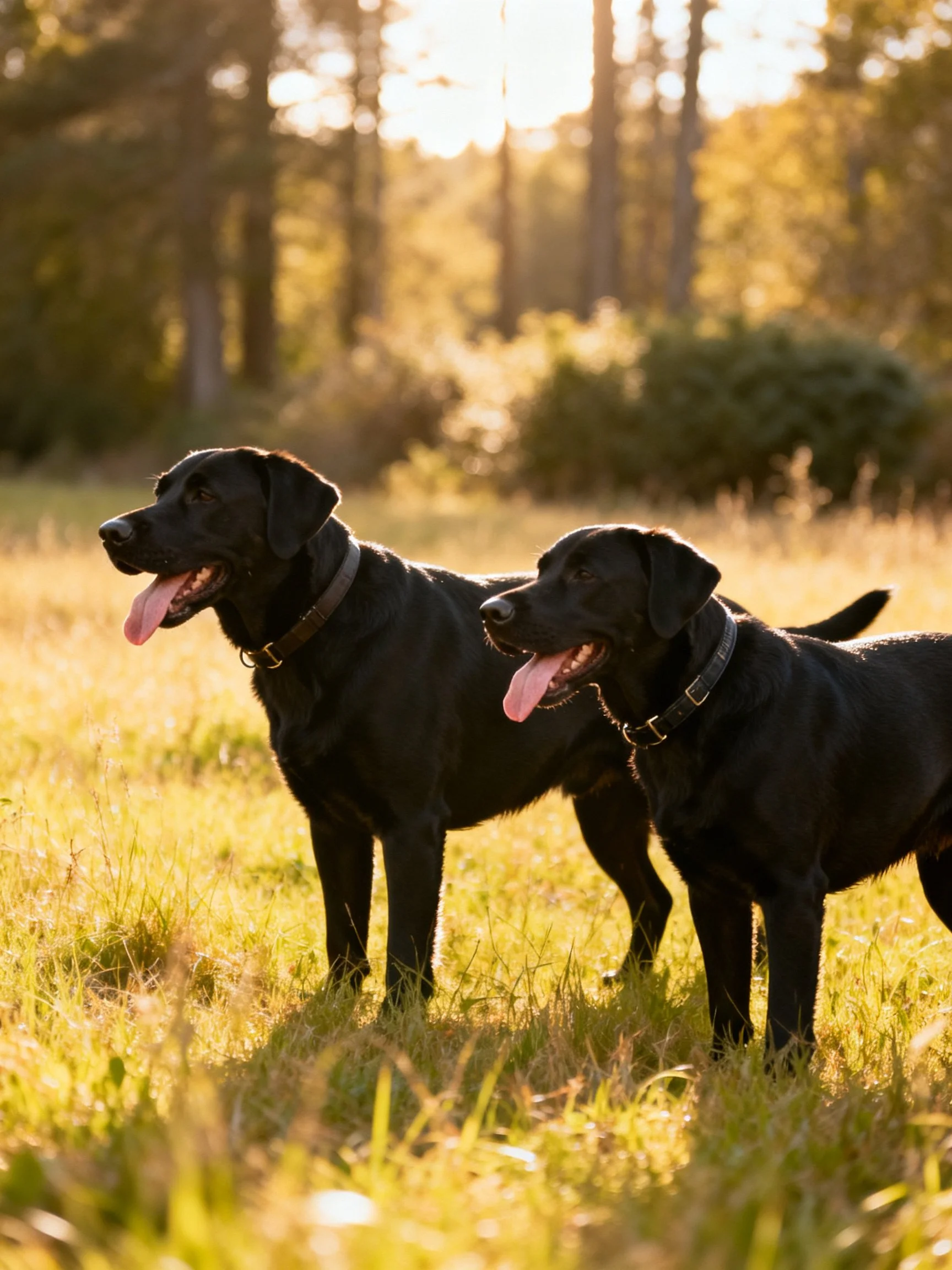 Two black Labradors stand in a sunlit grassy meadow