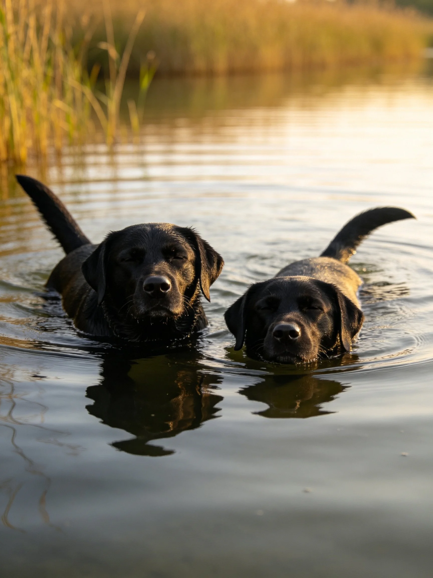 Two black Labradors float together in calm water with reeds nearby.