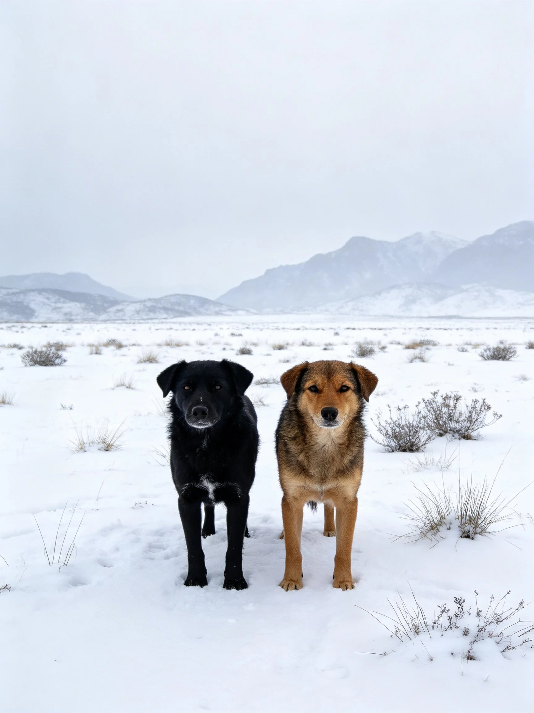 Two dogs stand together in a snowy landscape with distant mountains.