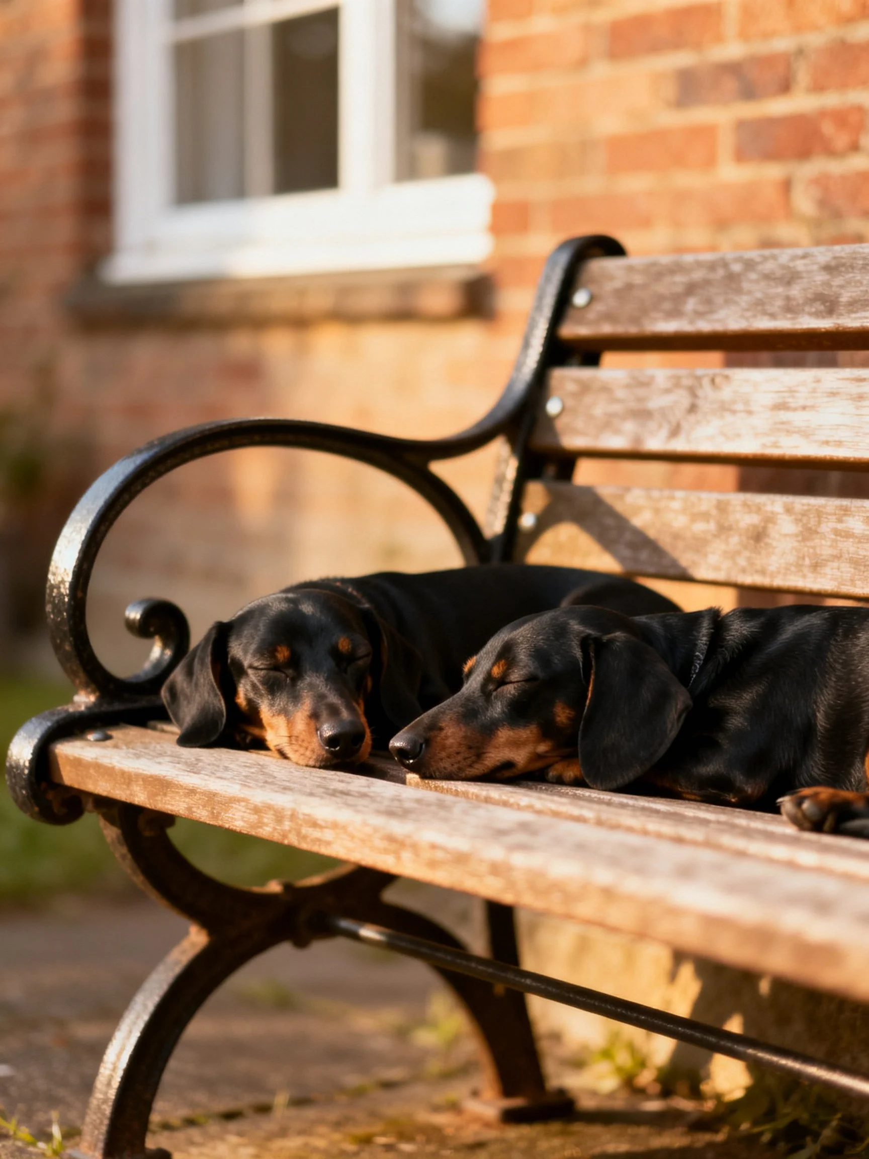 Two black and tan dachshunds rest on a weathered wooden bench near a brick wall