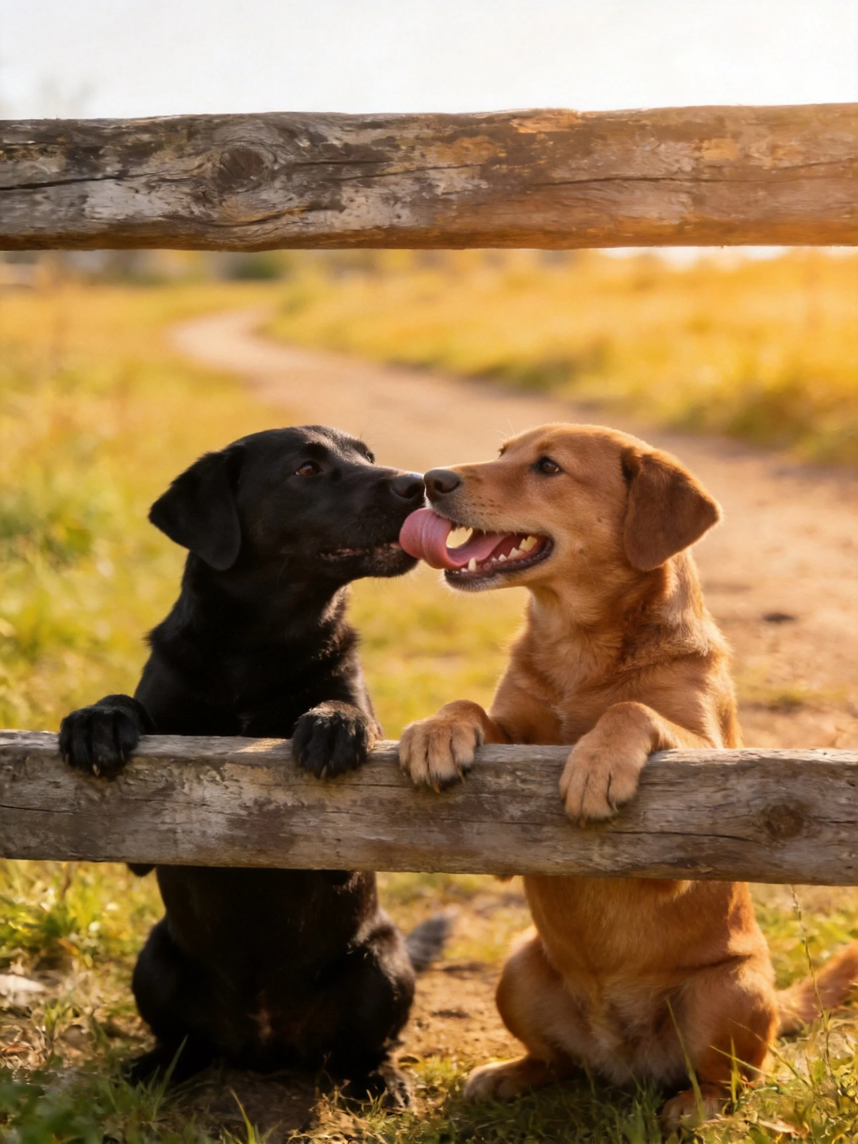 Two dogs interact near a wooden fence in a sunlit outdoor setting