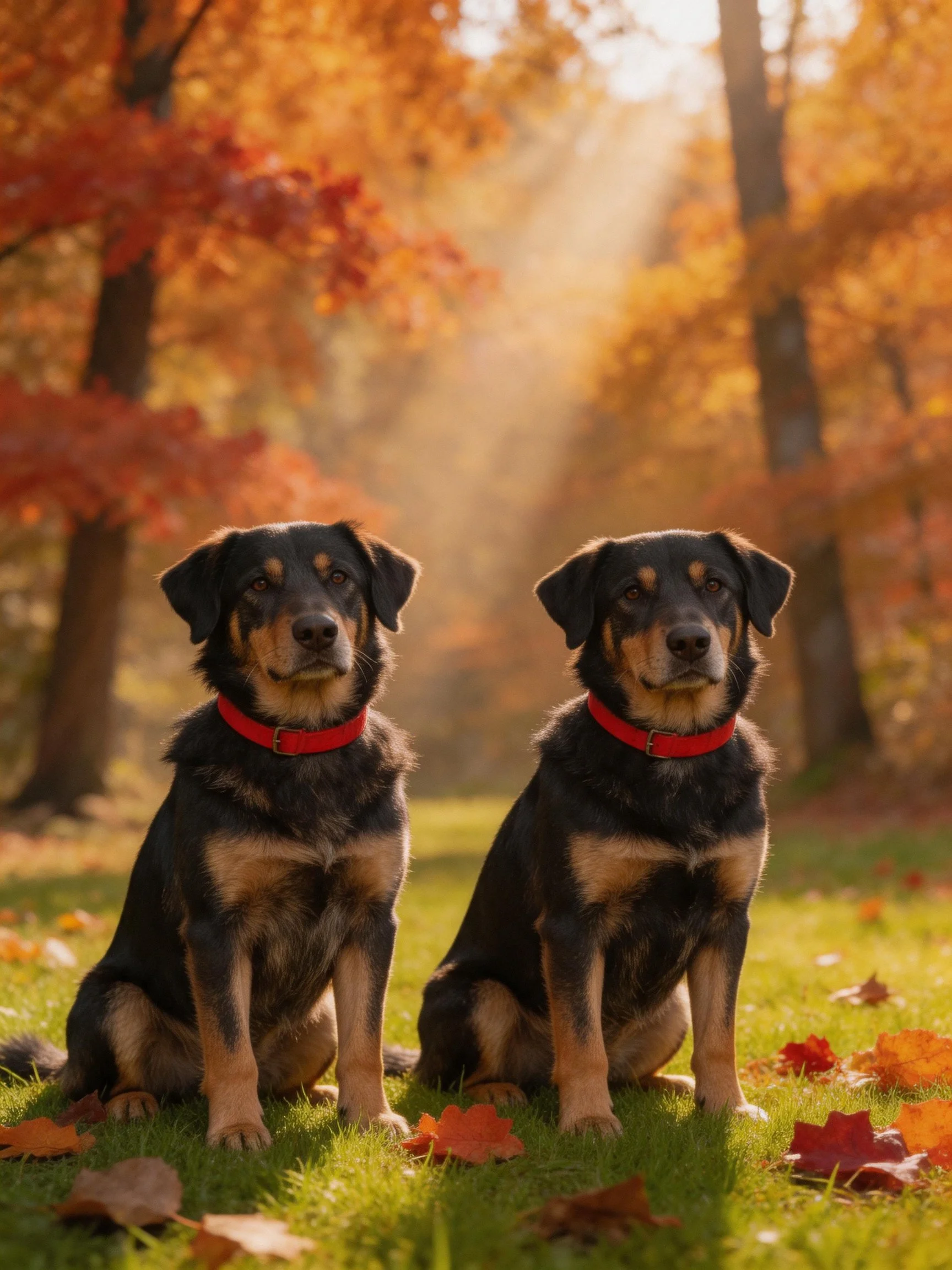 Two dogs sit peacefully in a sunlit autumn forest.