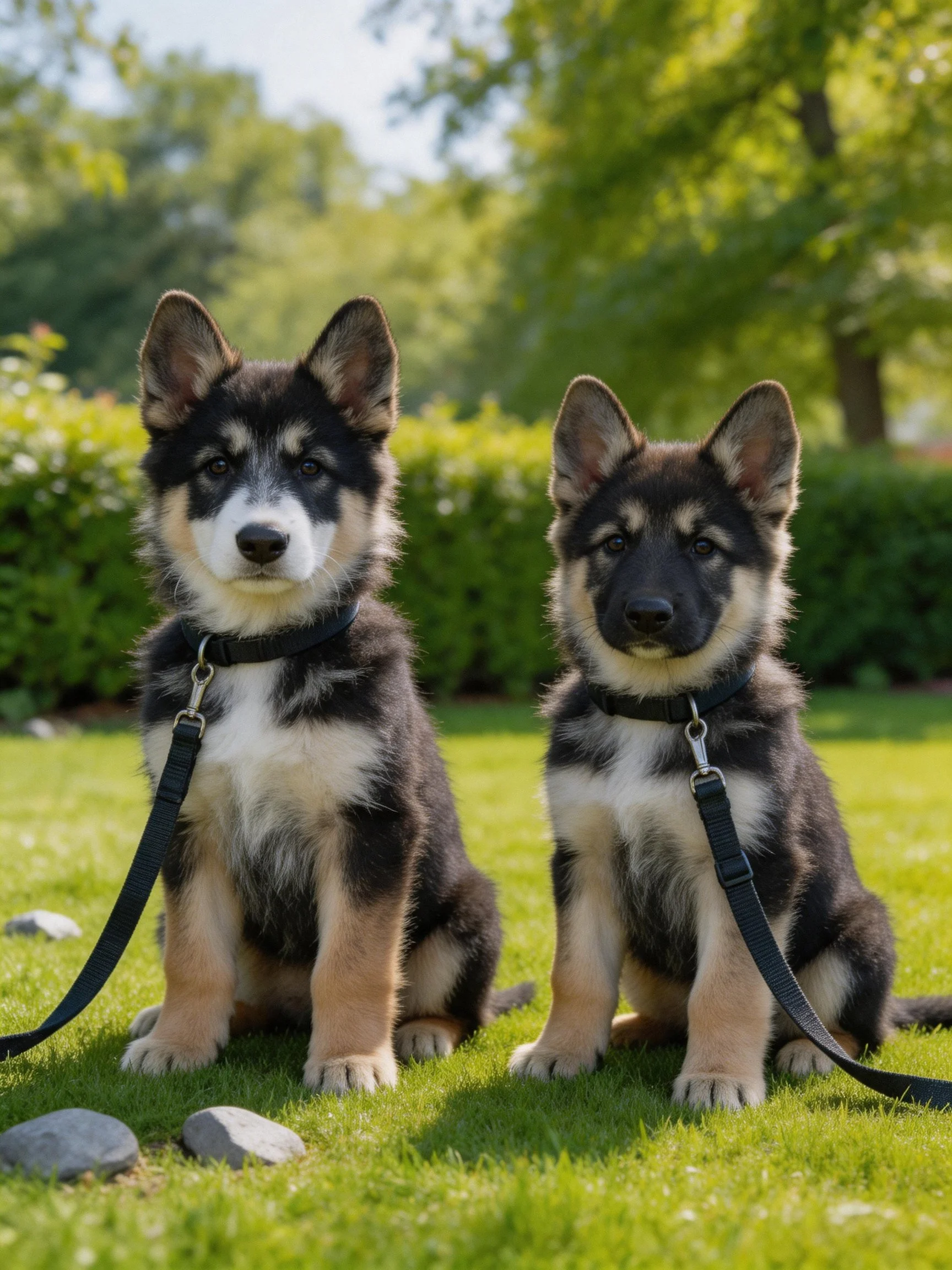 Two black and tan puppies sit calmly on green grass outdoors.