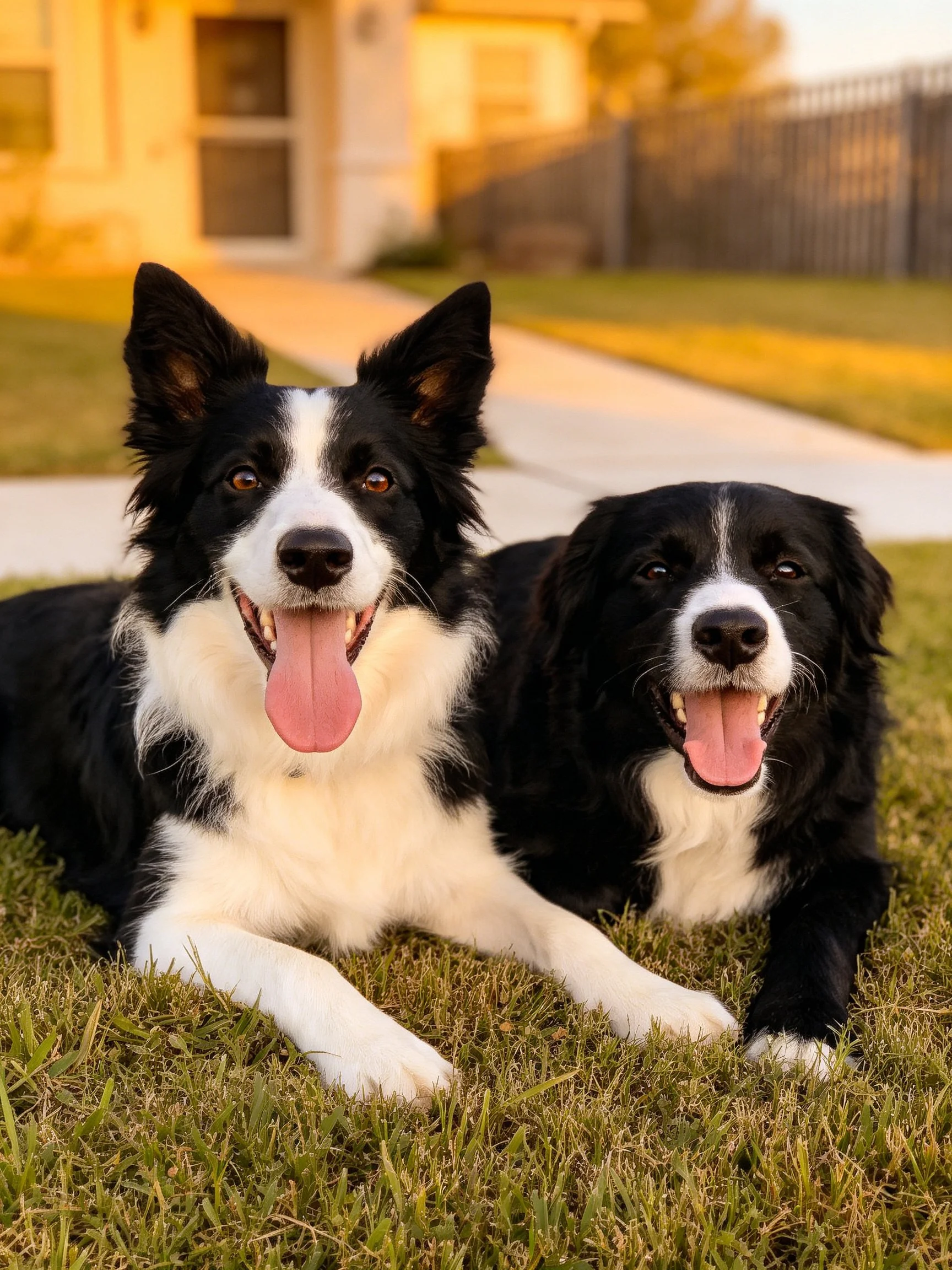 Two black and white Border Collie dogs resting on green grass near a house