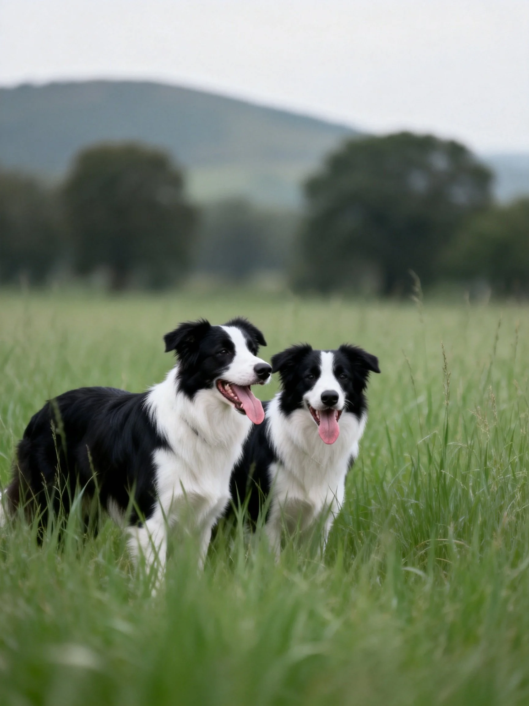 Two black and white Border Collies stand in a grassy field with distant trees and hills