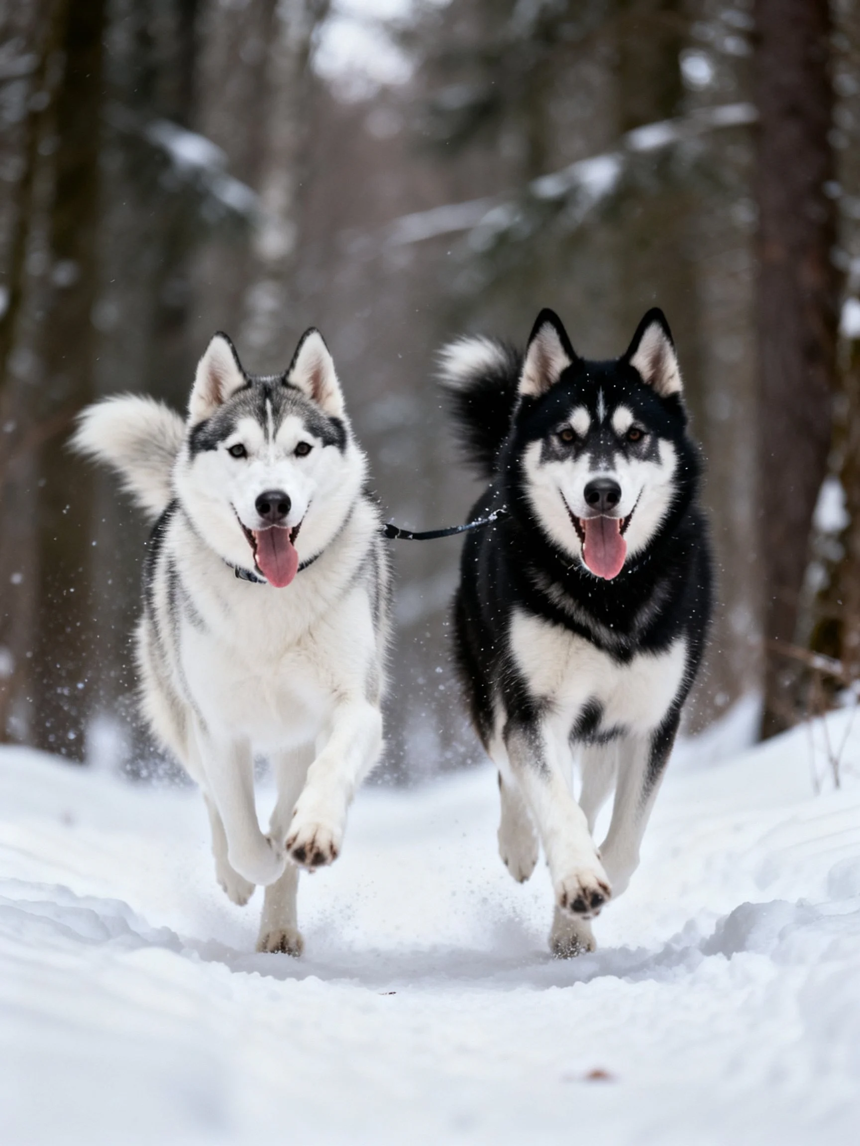 Two black and white Siberian Huskies runfully run along a snowy forest path.