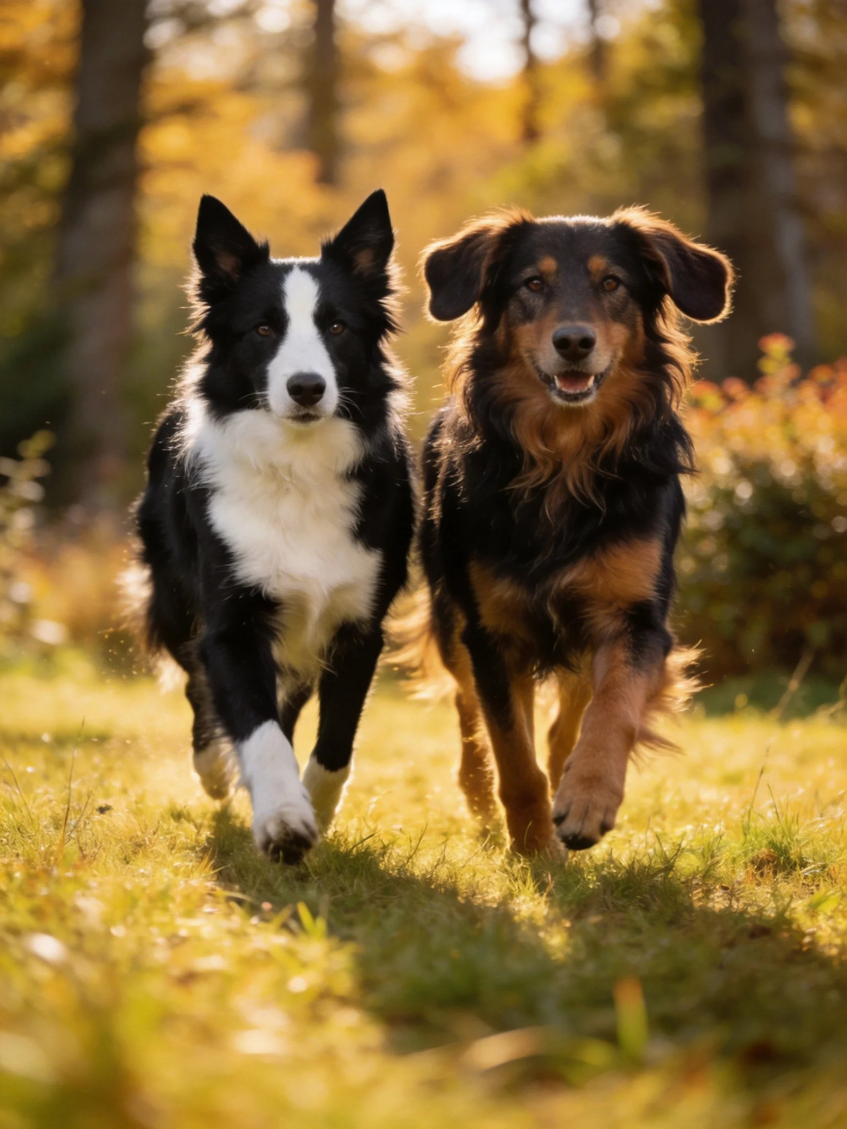 Two dogs of different breeds run together in a sunlit outdoor environment