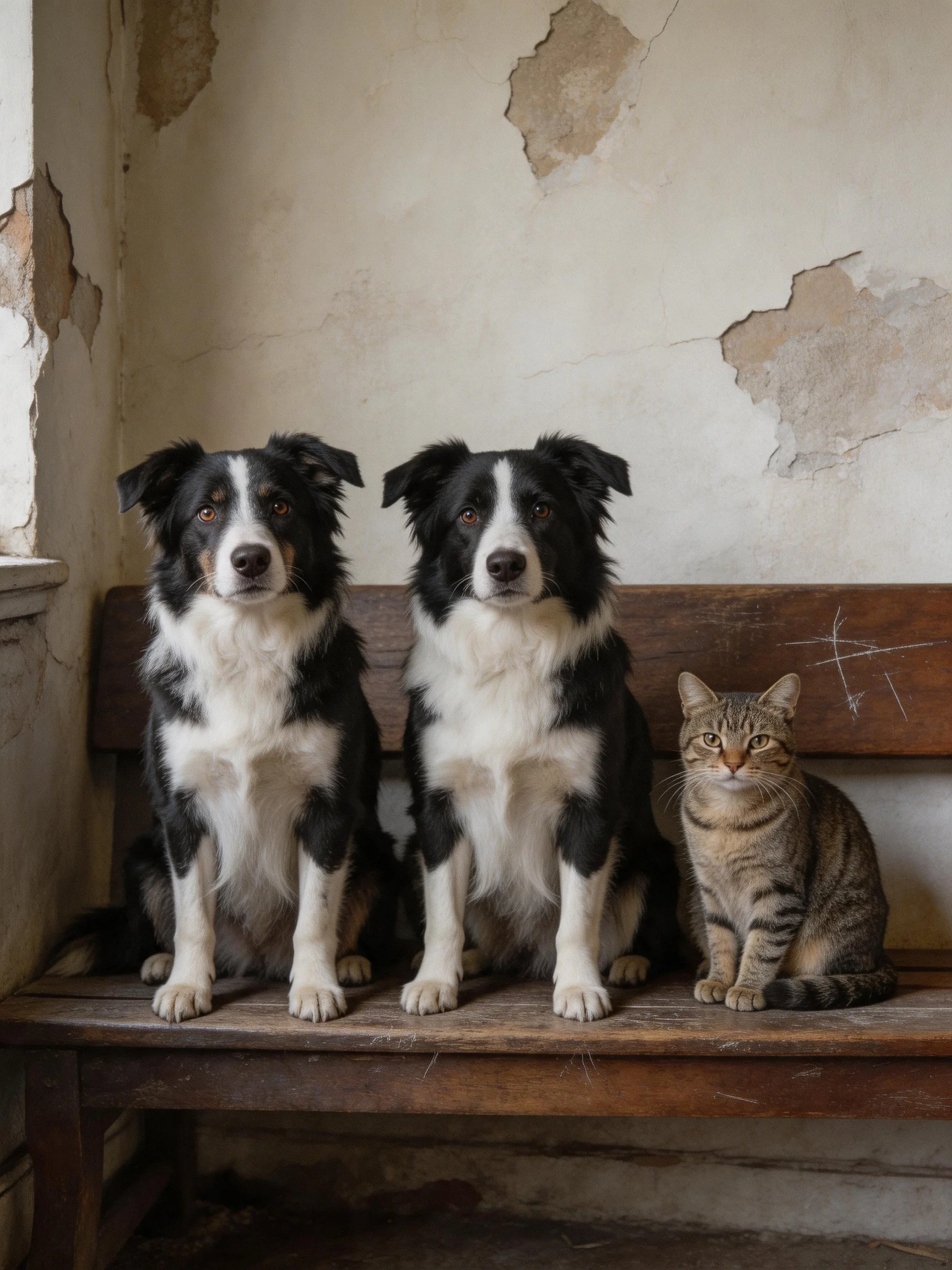 Three pets—including two black-and-white dogs and a tabby cat—are grouped on a weathered wooden bench.