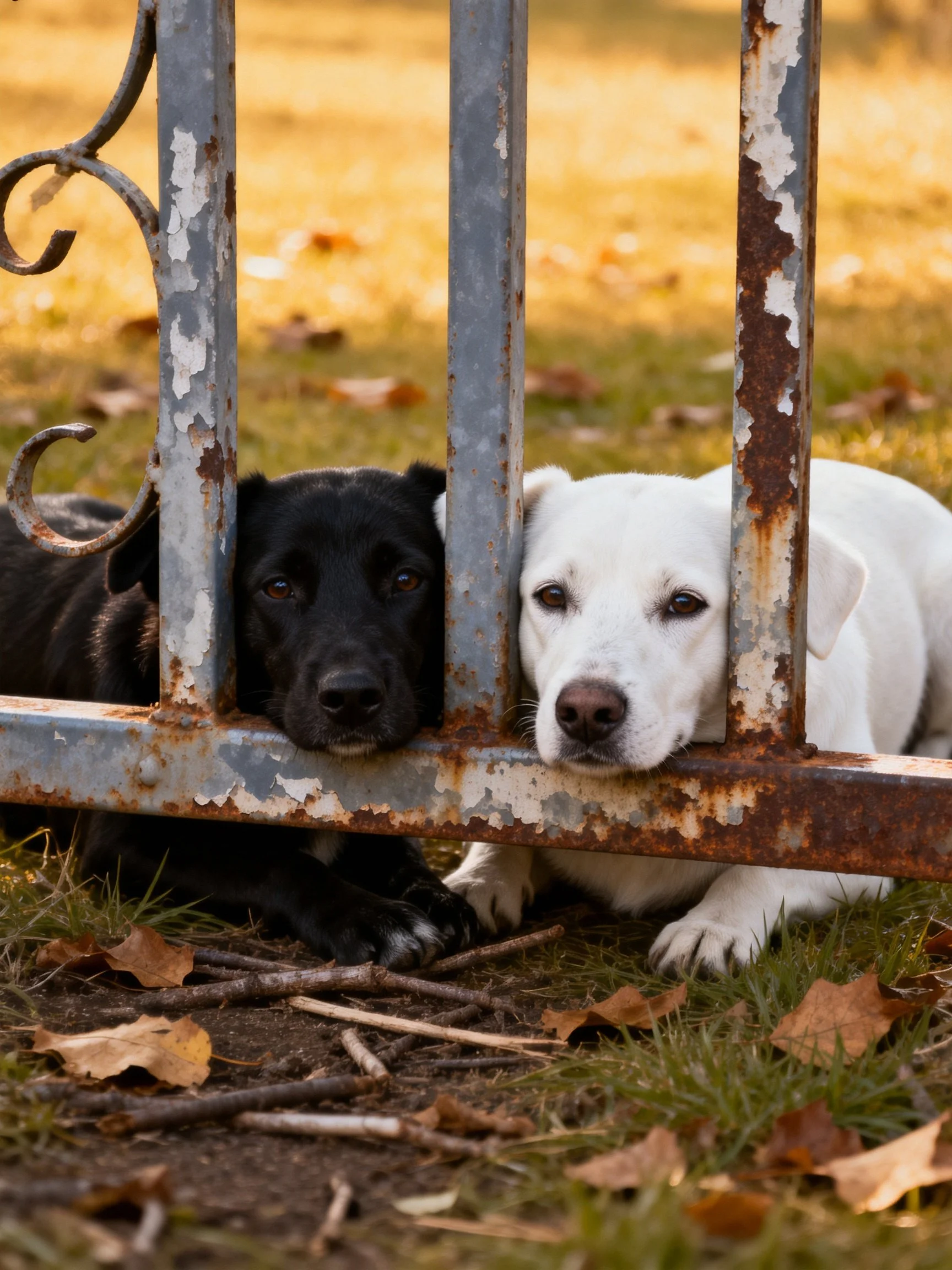Two dogs rest by a weathered metal fence.