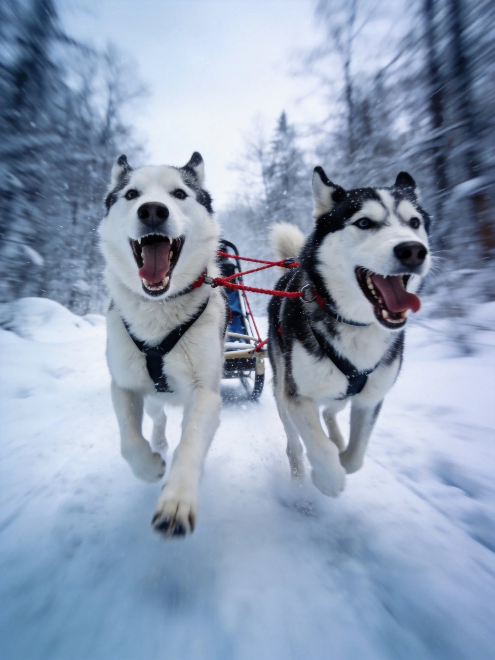 Two sled dogs run energetically pulling a sled through a snowy landscape.