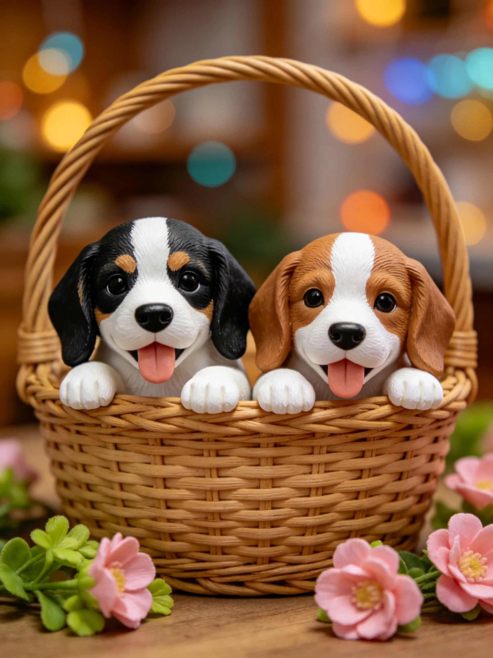 Two black, brown, and white puppy figurines in a wicker basket with pink flowers