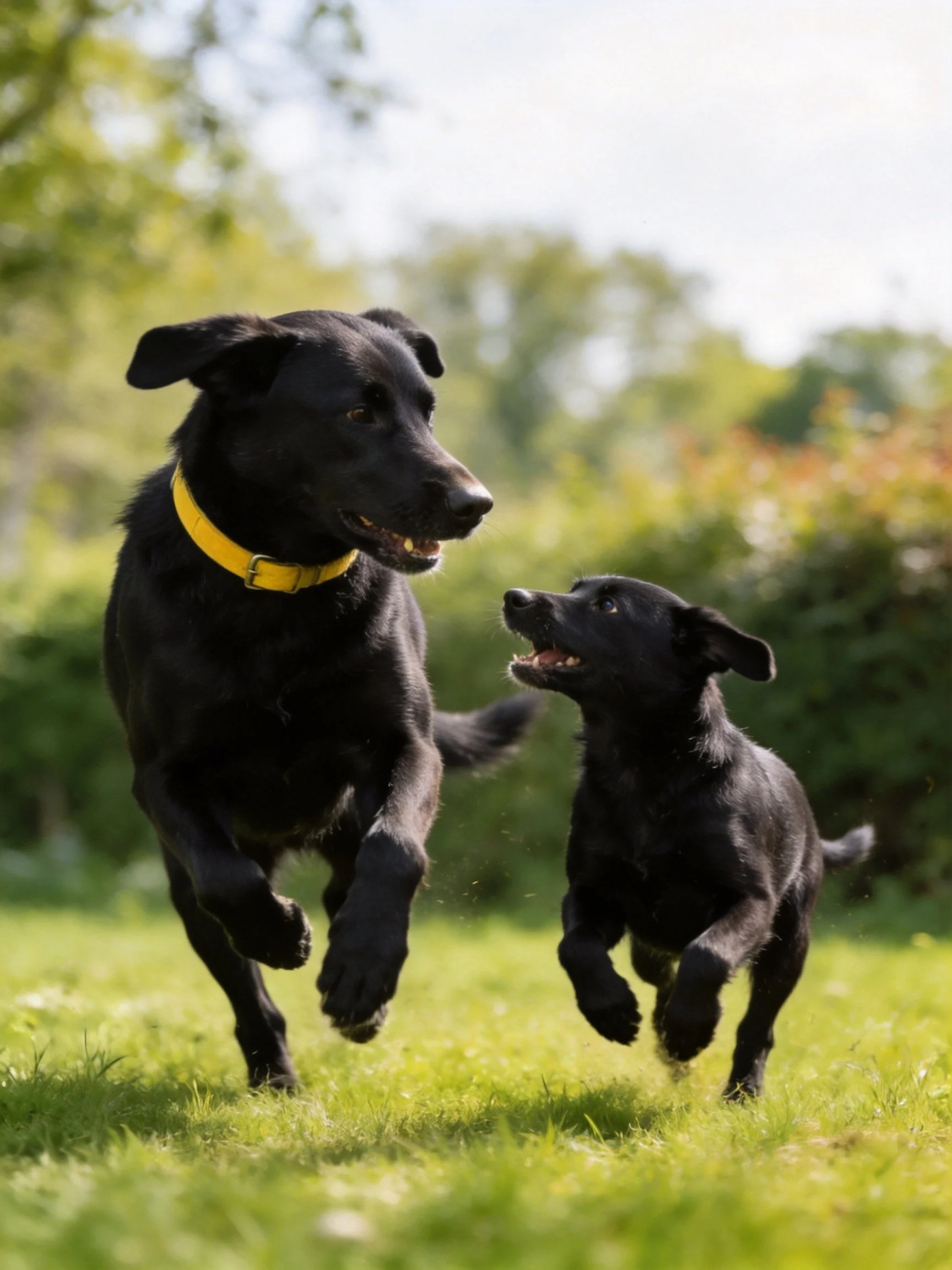 Two black dogs interact playfully in a grassy outdoor area.