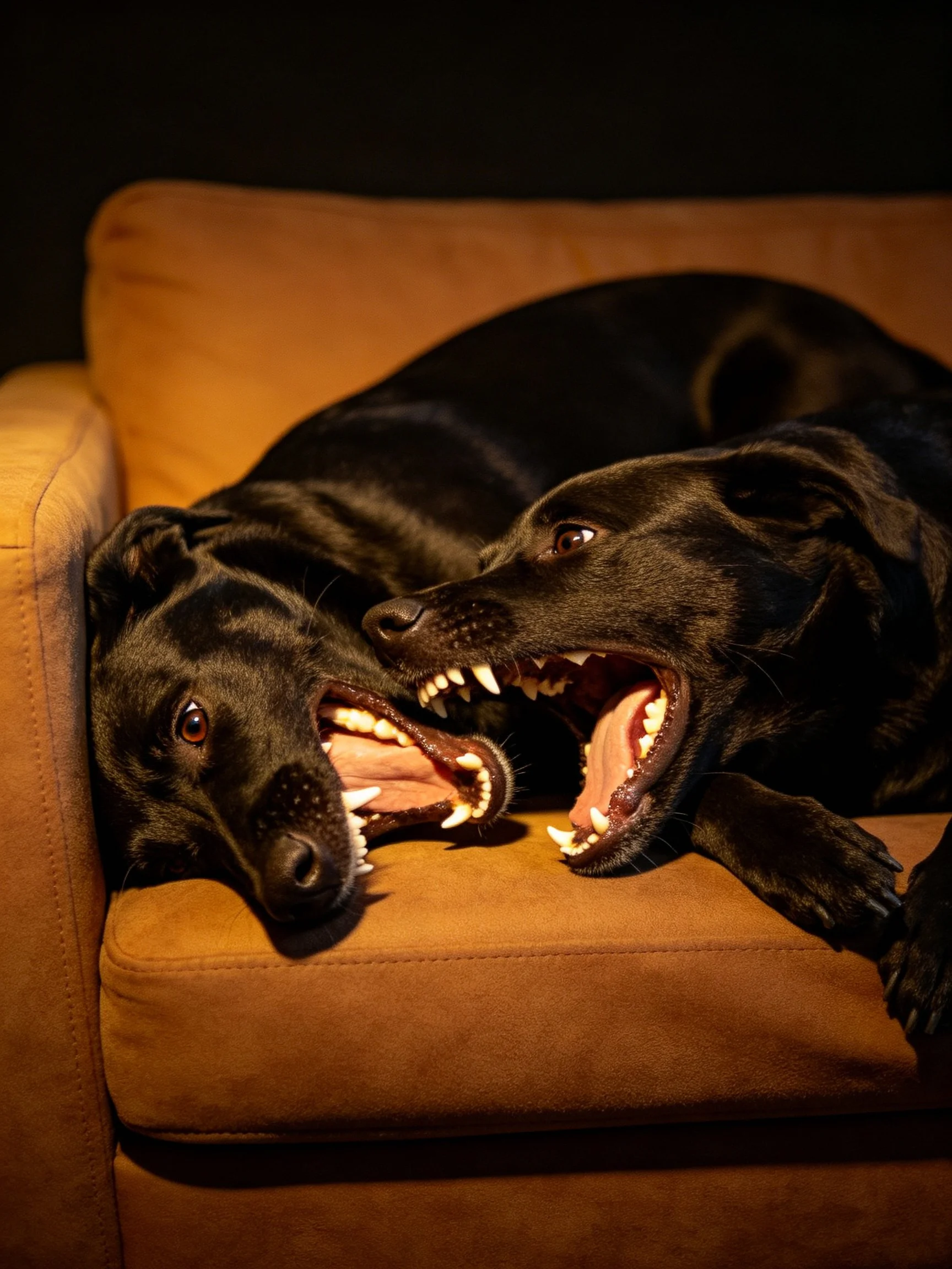 Two black dogs interact closely on a brown sofa.