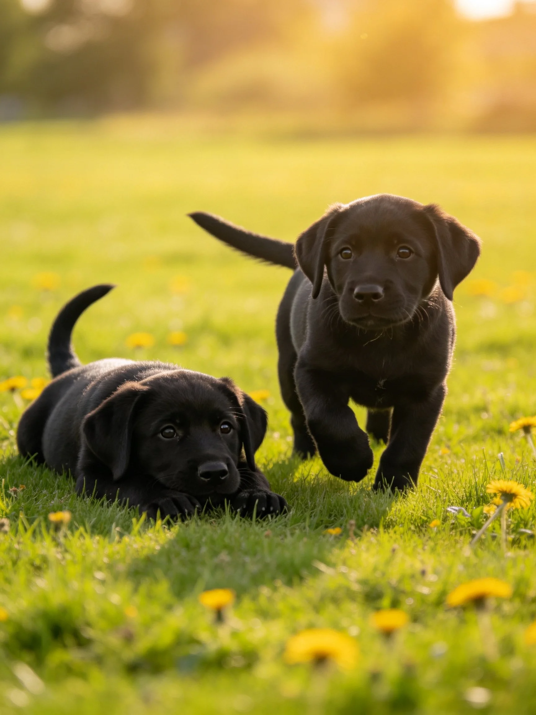 Two black puppies playing on a grassy meadow with yellow blooms