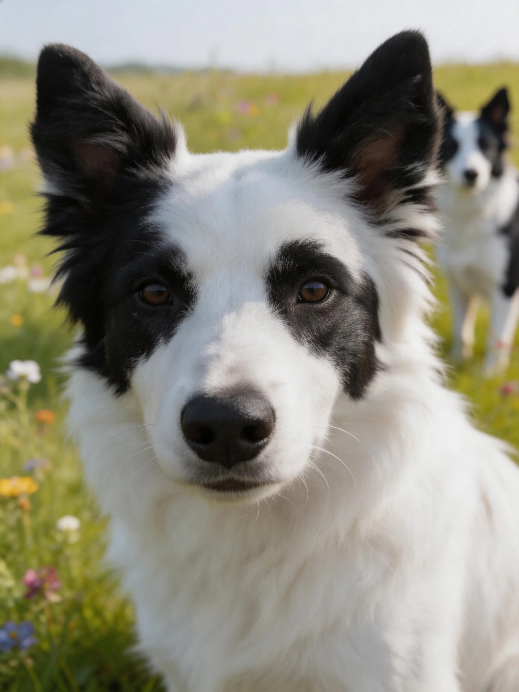 Two black and white dogs are in a sunny meadow with wildflowers.