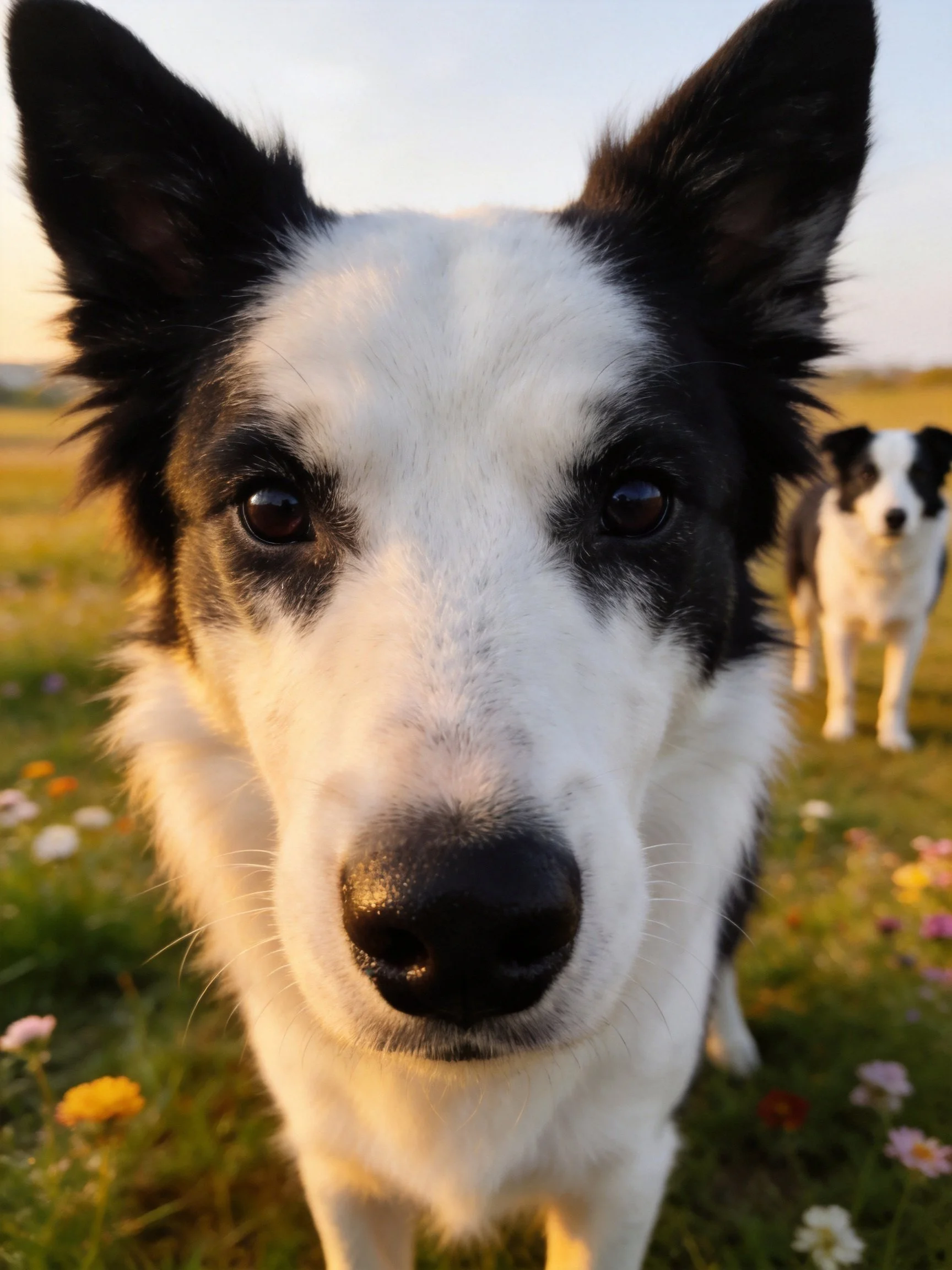 A close - up of a black - white dog with another in a flower meadow.