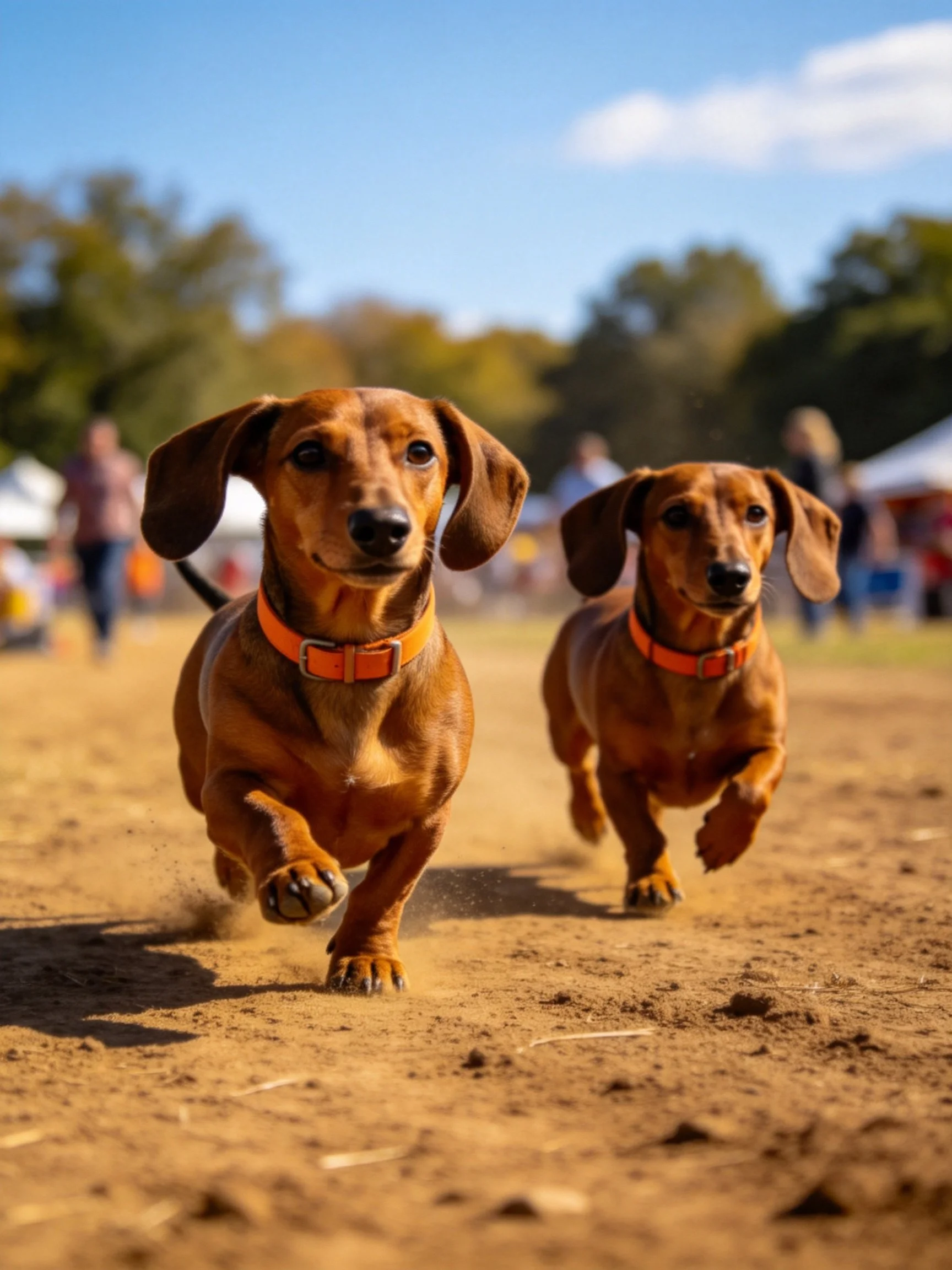 Two brown Dachshunds run together on a dusty outdoor field.