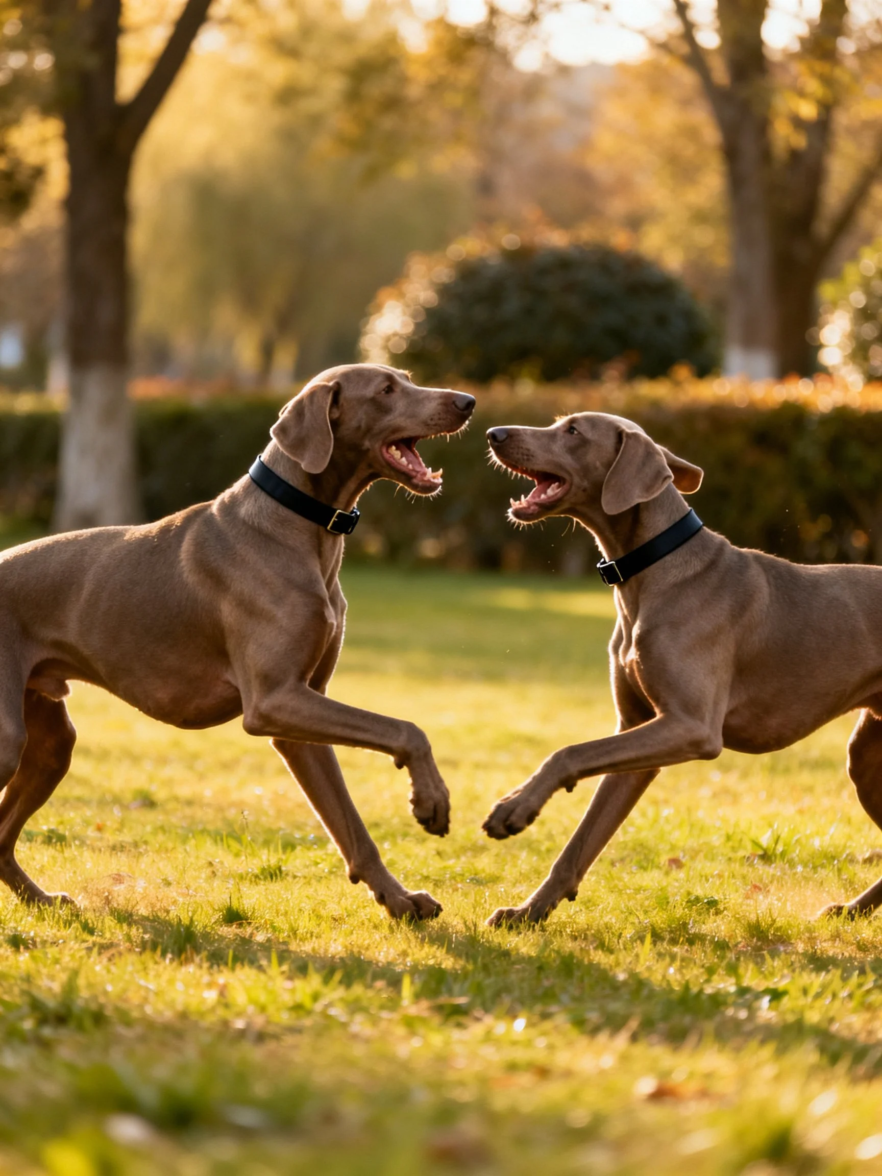 Two brown Weimaraners playfully interact on a sunlit grassy area.