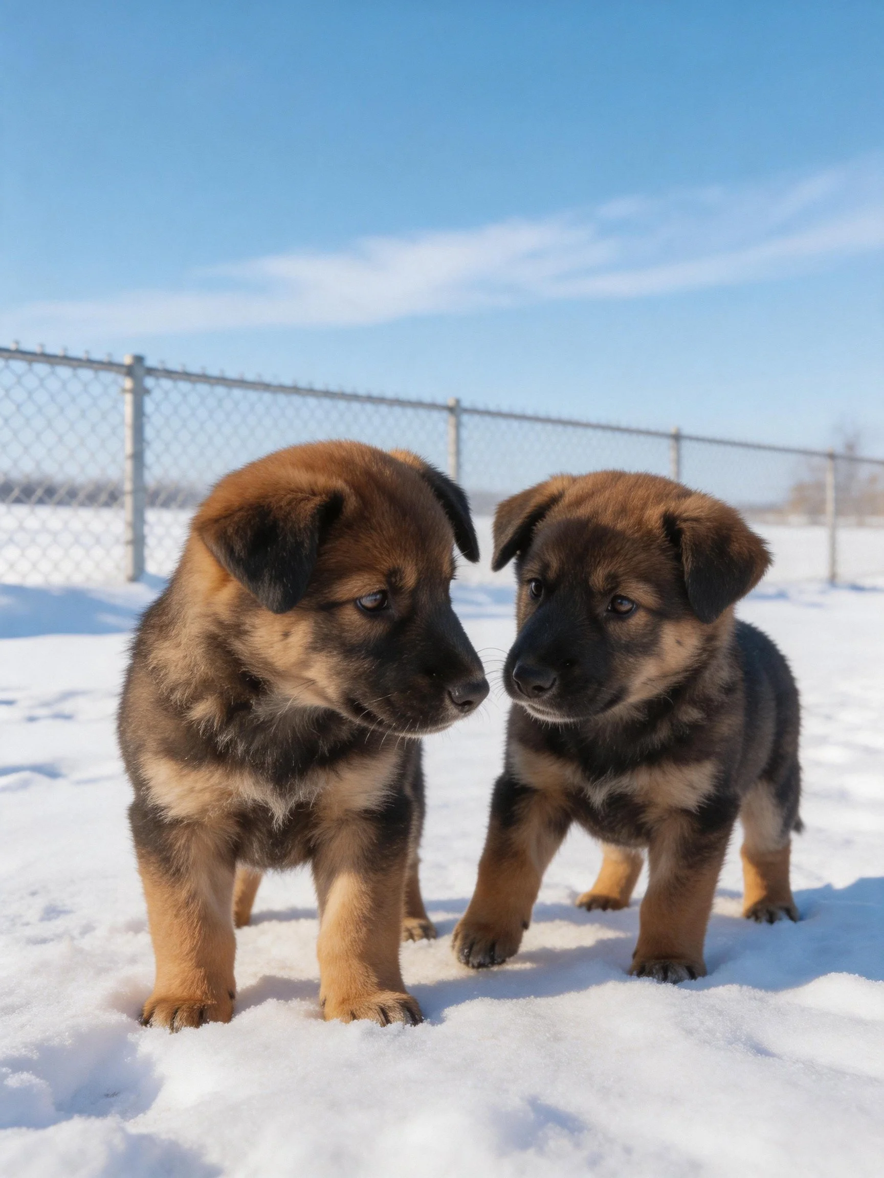 Two young dogs interact on a snowy area next to a chain-link fence