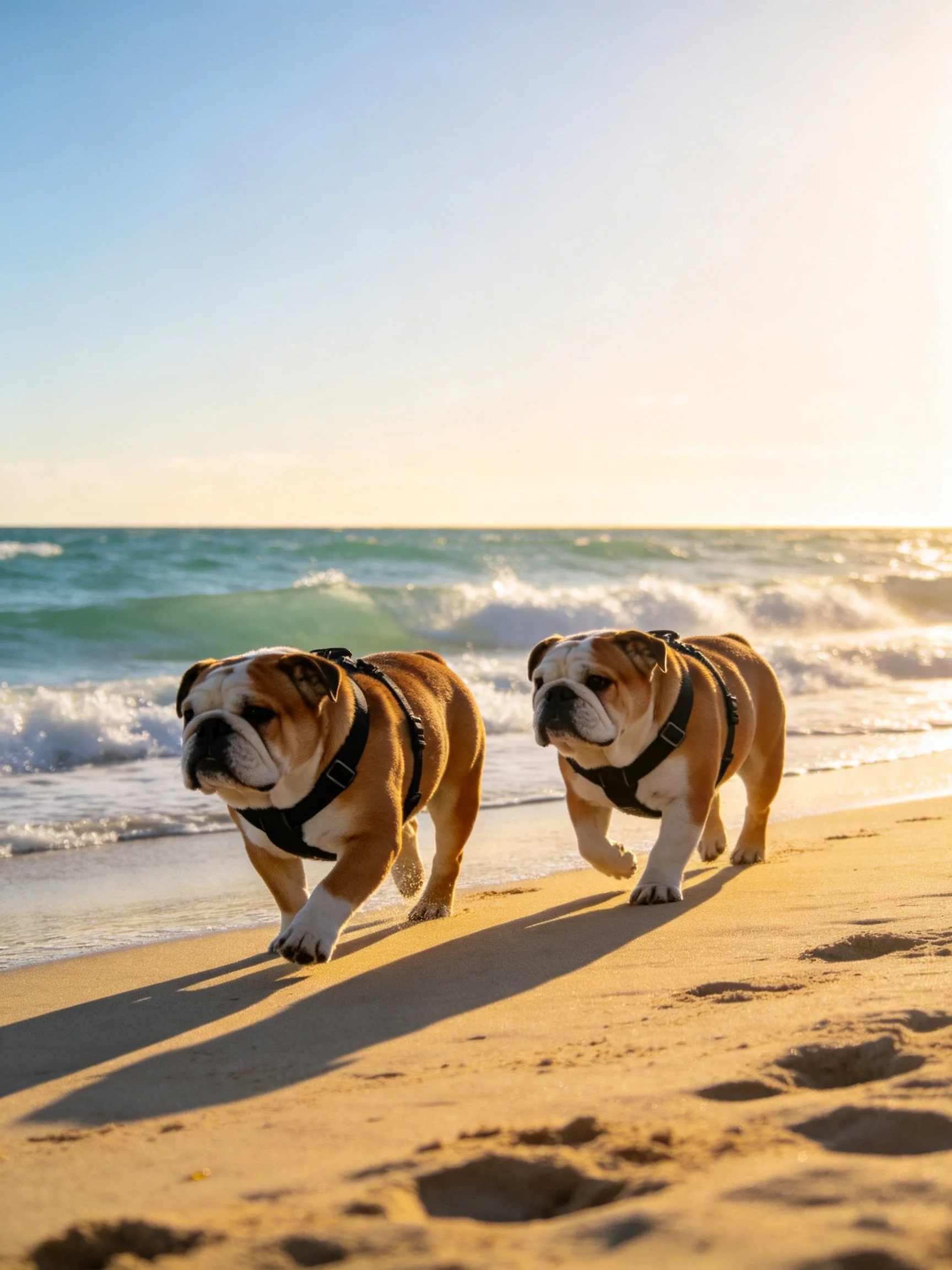 Two bulldogs stroll along a sandy beach beside the ocean