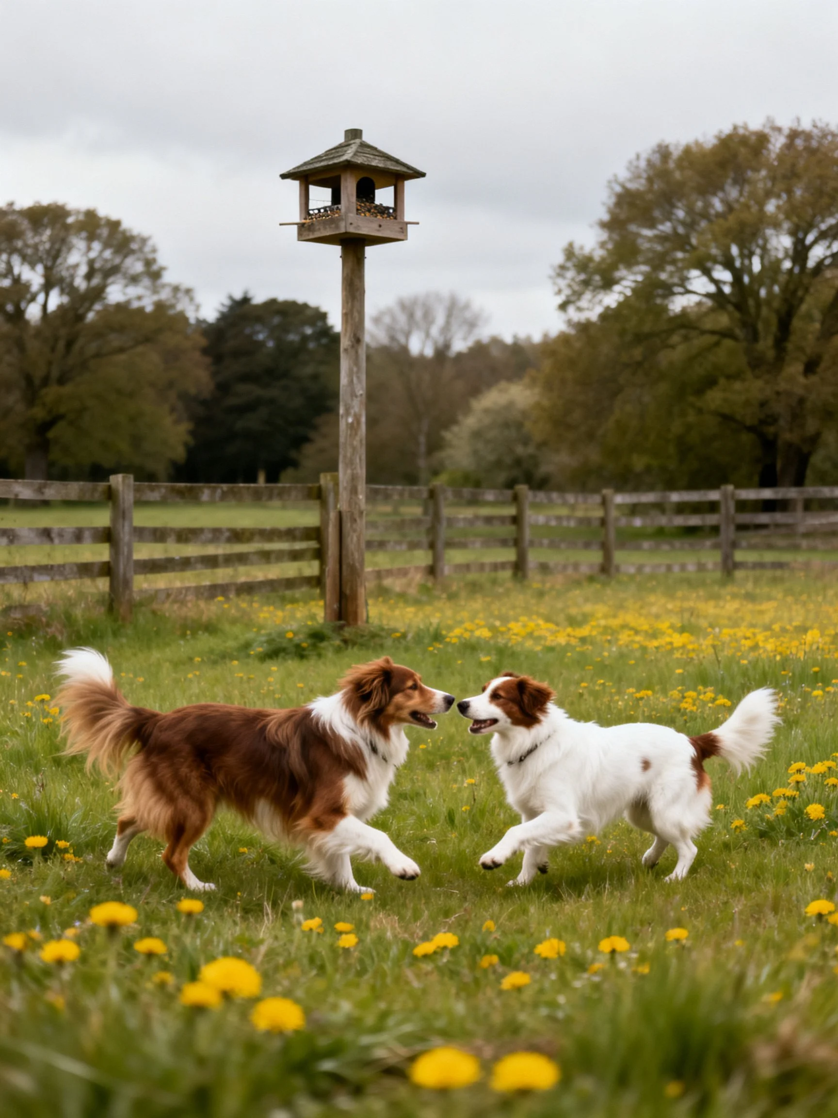 Two brown and white dogs interact playfully in a flowered meadow near a wooden birdhouse