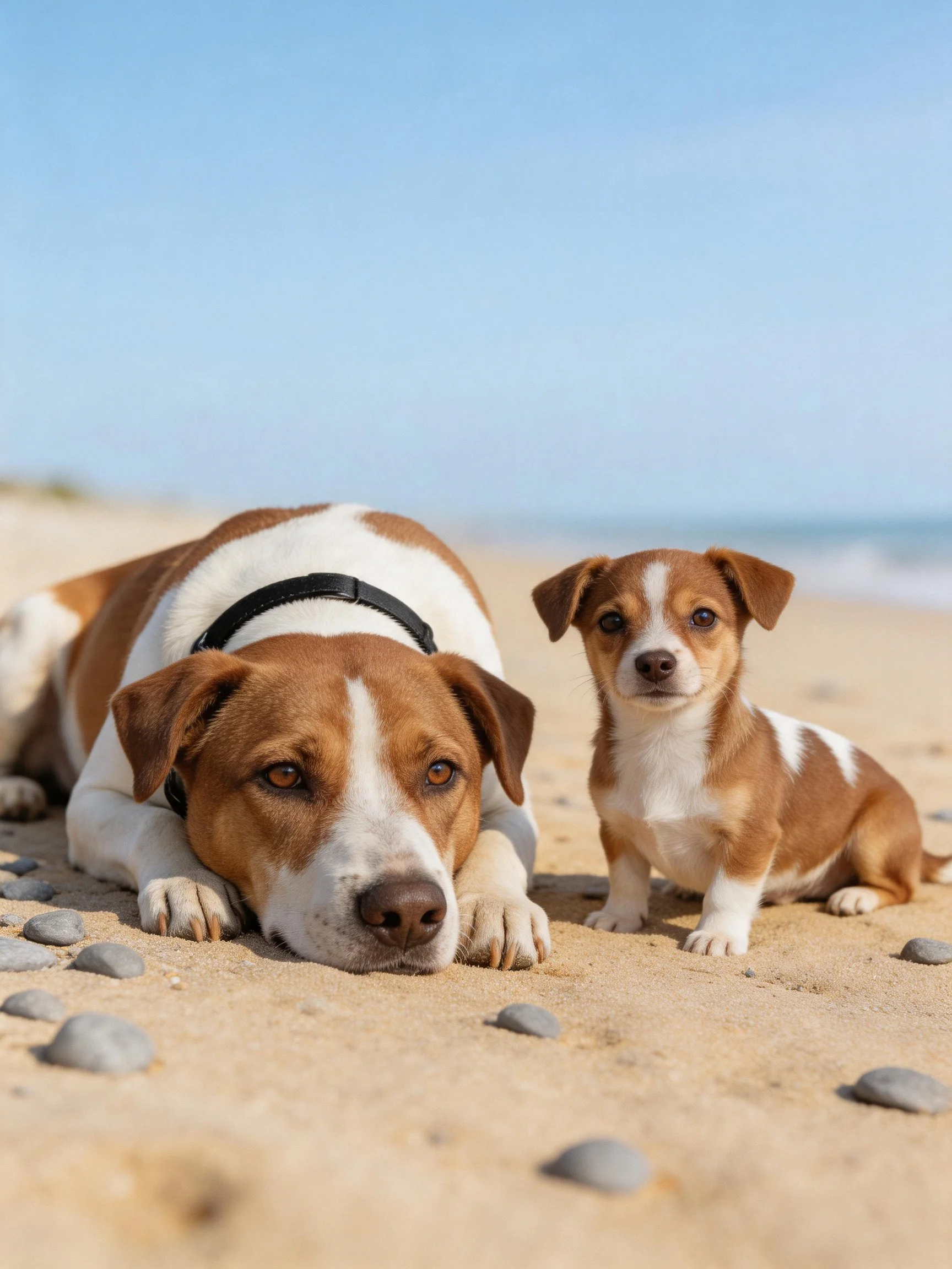 A large brown and white dog lies beside a small puppy on a sandy beach with pebbles