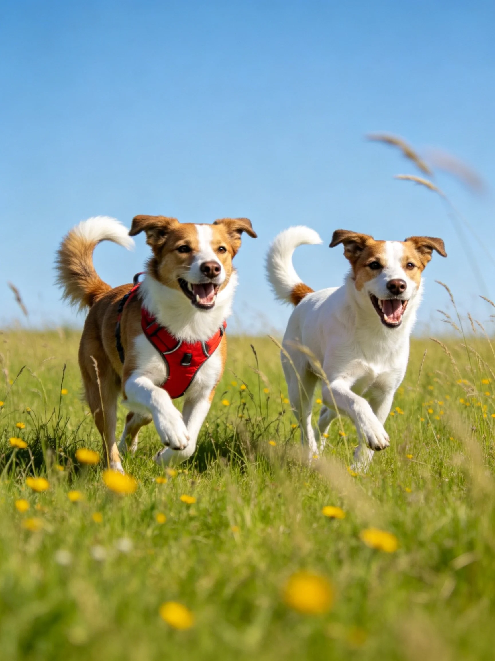 Two brown and white dogs run energetically in a sunny meadow