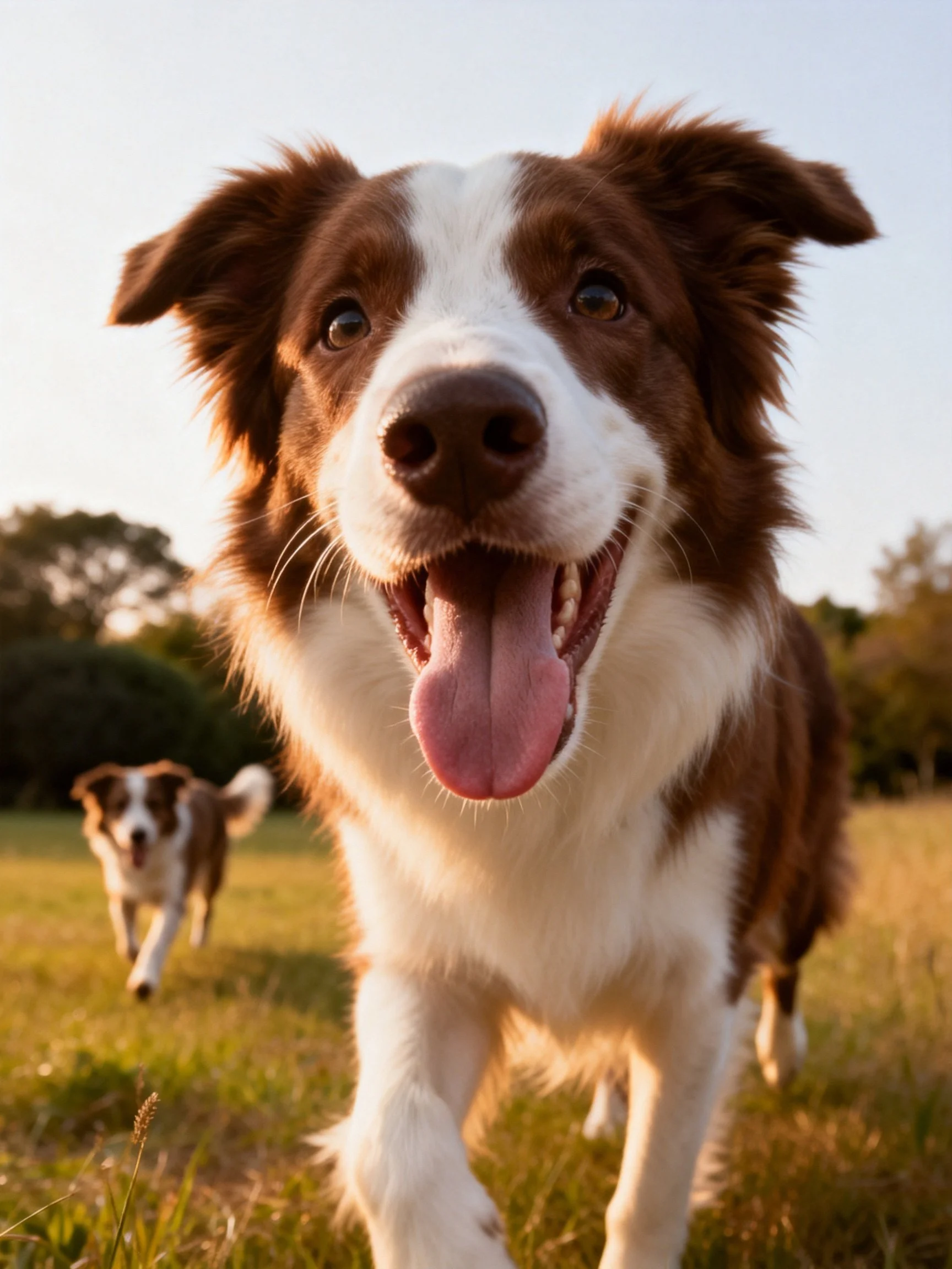 Two brown and white dogs running in a sunlit field