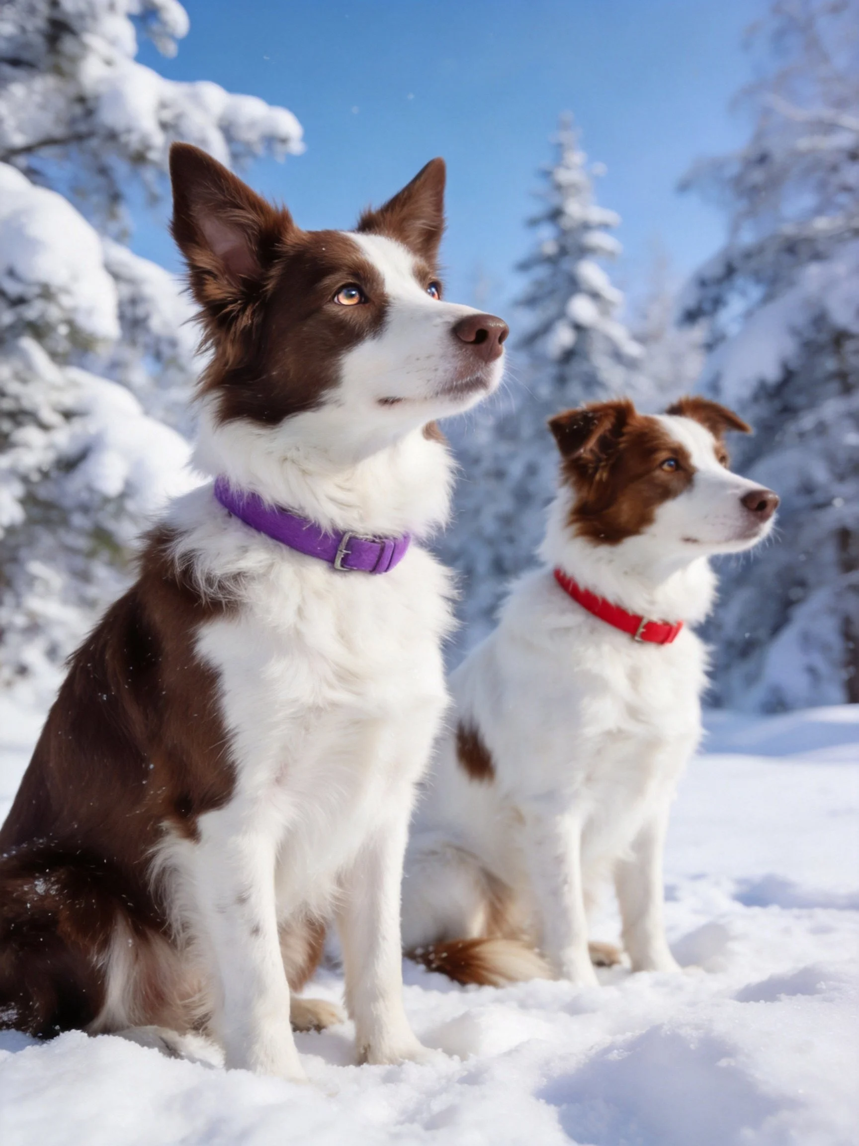 Two brown-and-white dogs sit attentively amid a snowy, tree-filled landscape.