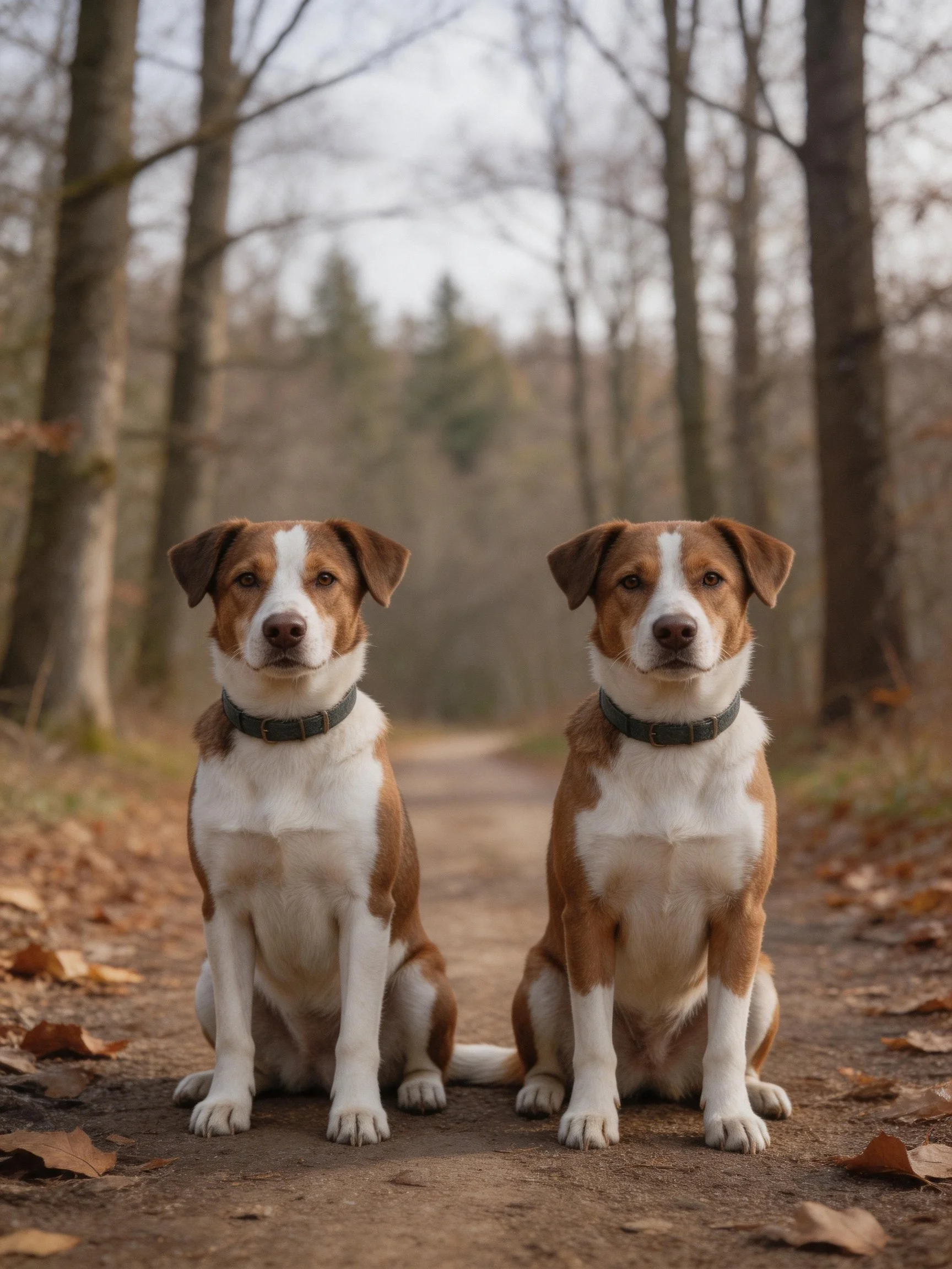 Two brown-and-white dogs sit side by side on a forest path among tall trees.
