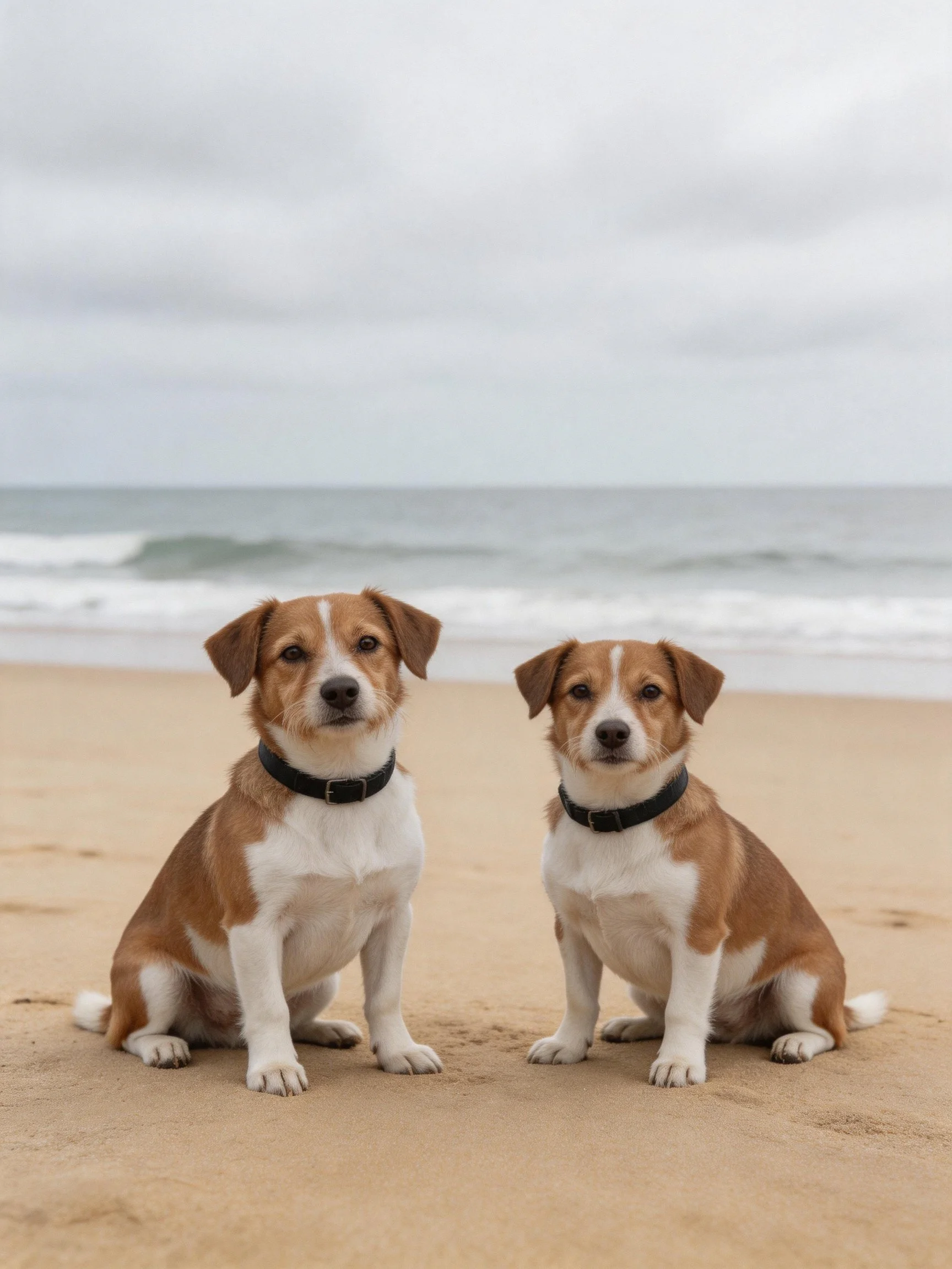 Two brown and white dogs sit side by side on a sandy beach near the ocean waves.