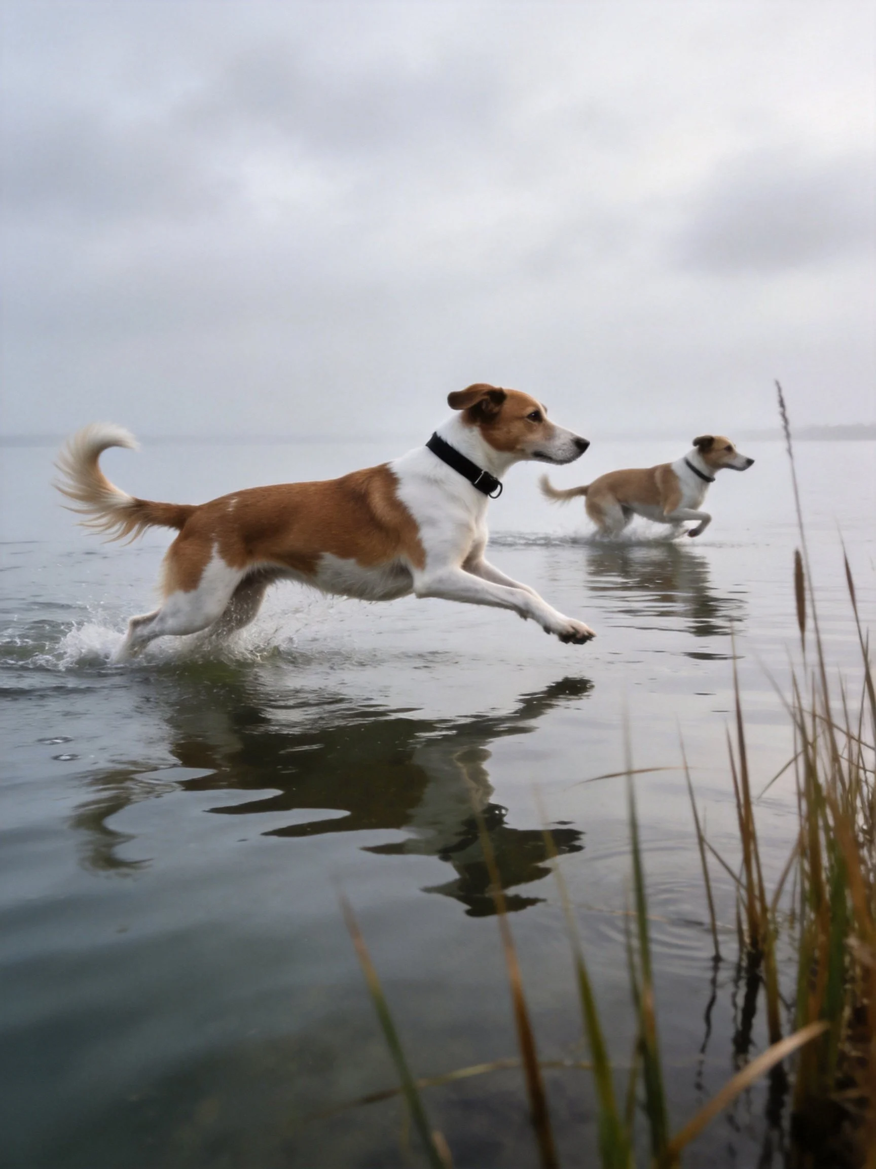 Two brown-and-white dogs sprinting through shallow water near tall reeds