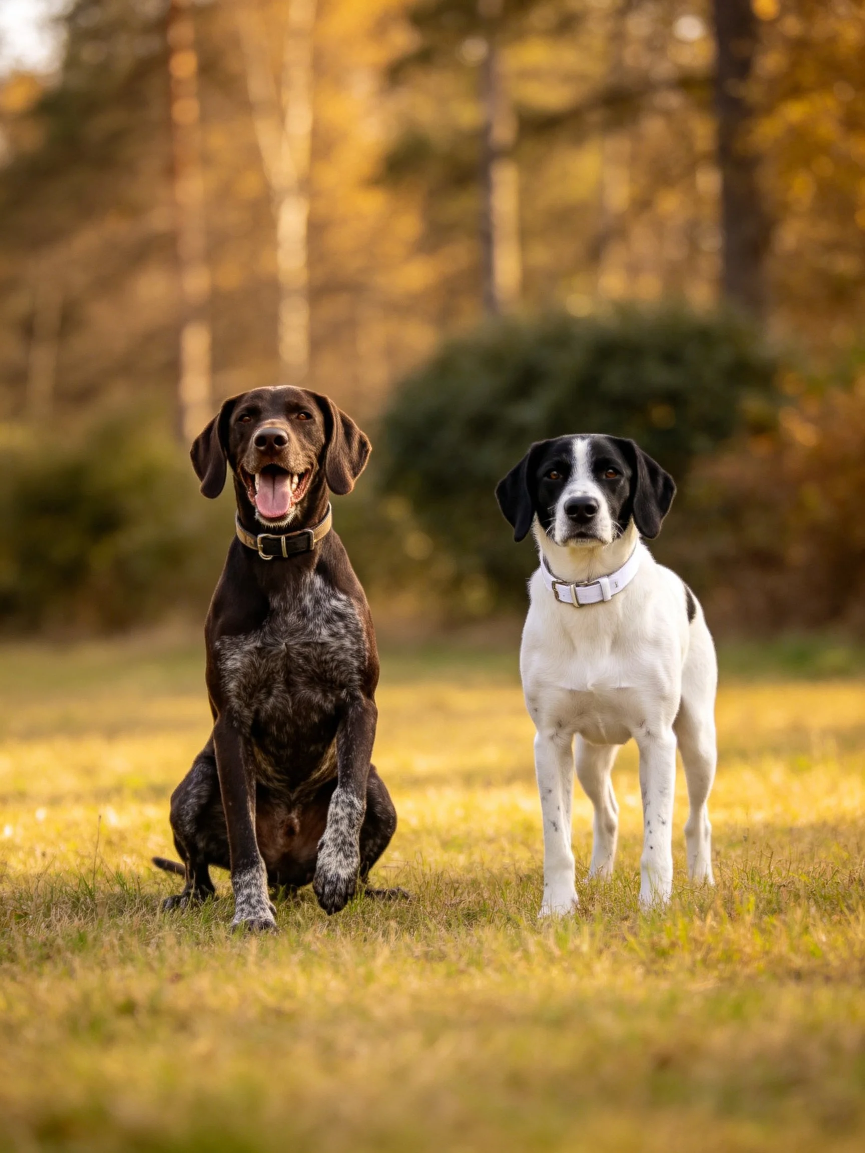 Two brown and white hunting dogs posed in a sunlit forest clearing