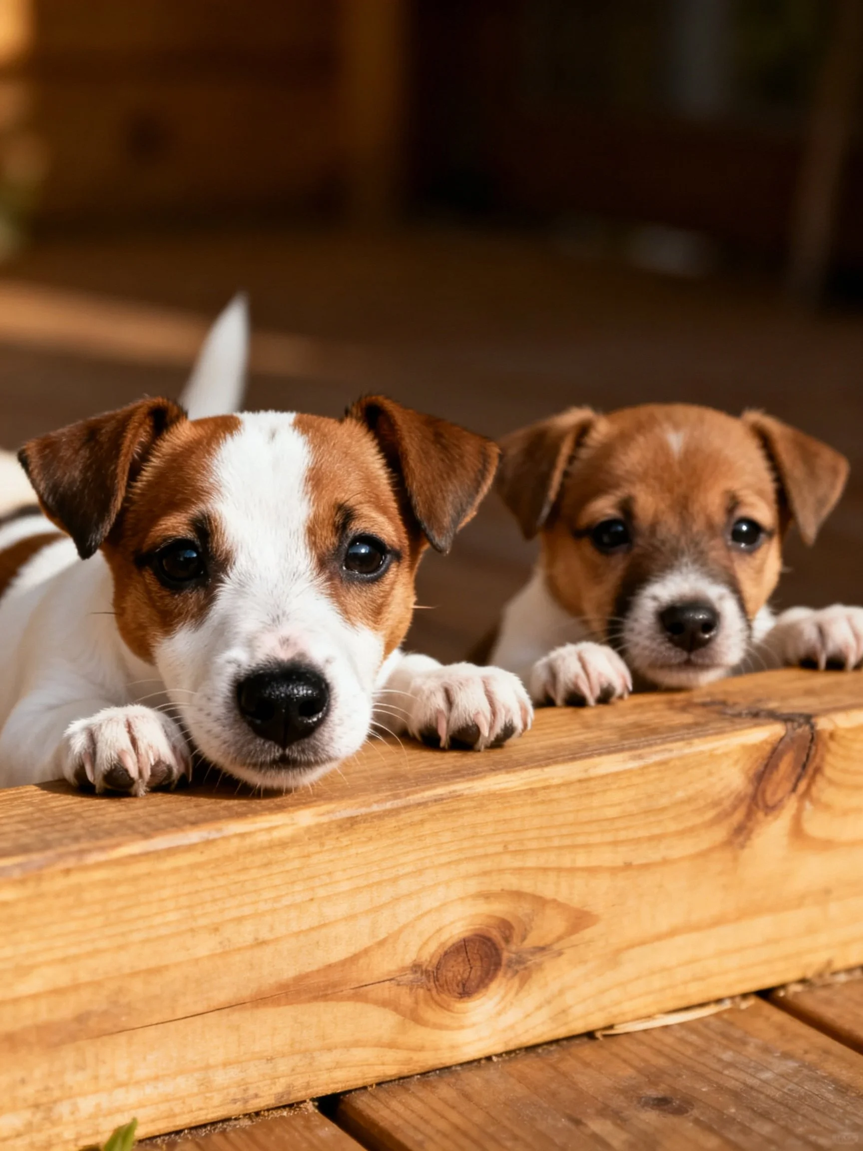 Two young dogs gaze curiously while leaning over a wooden structure.