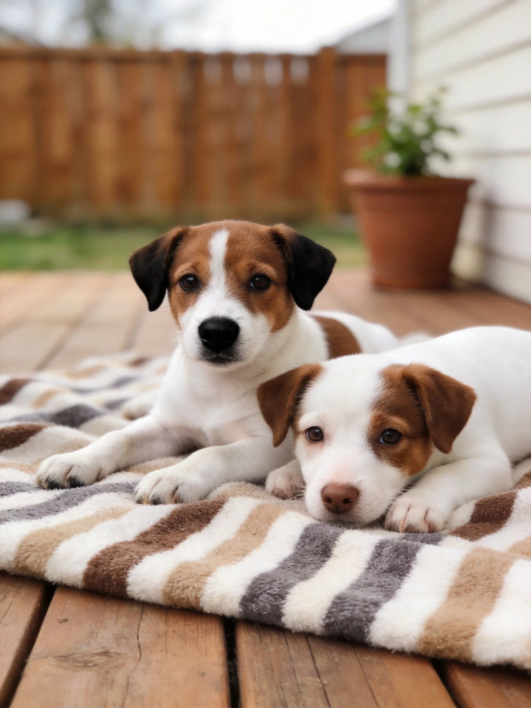 Two puppies relax on a striped blanket in an outdoor area.