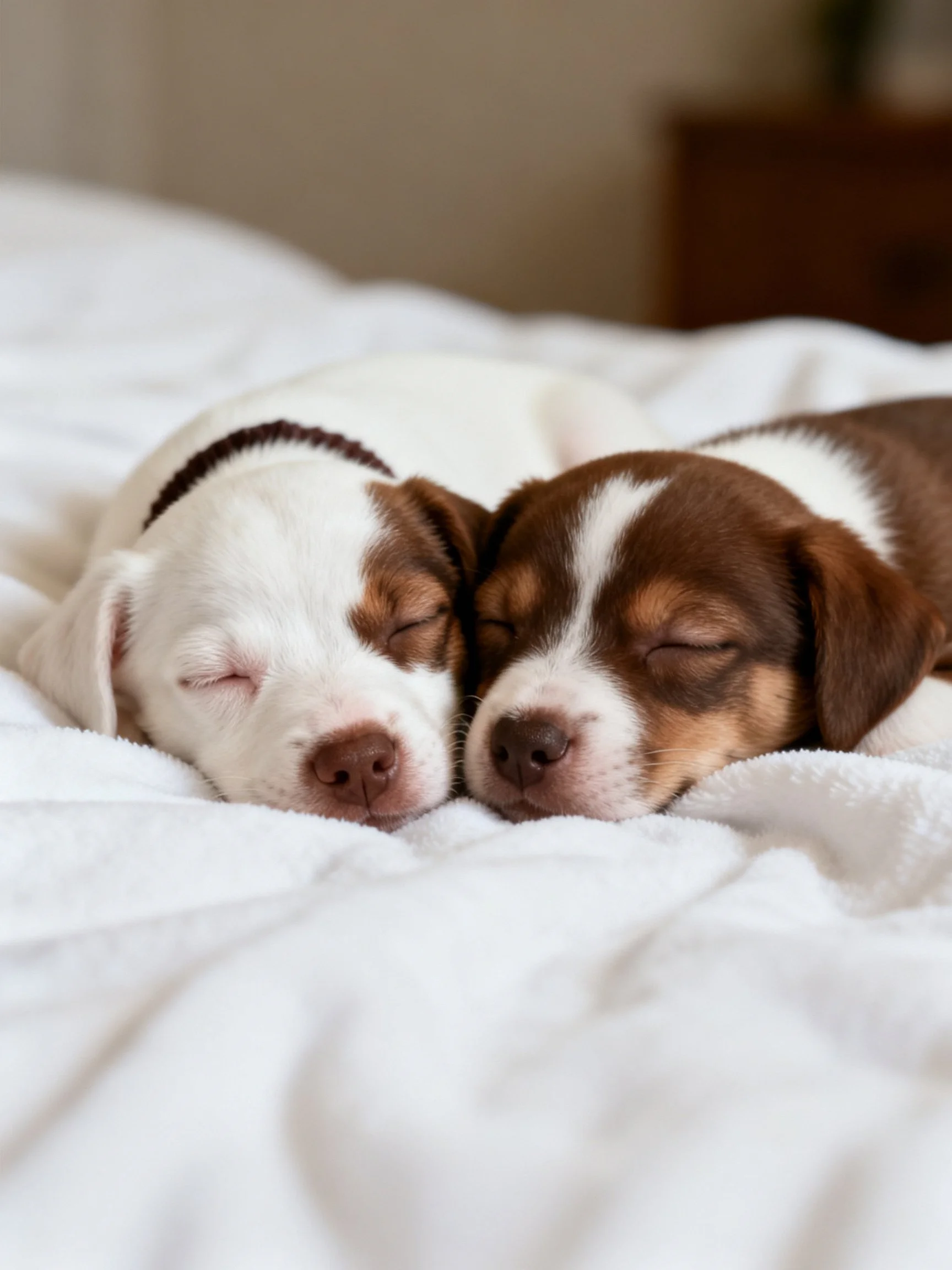 Two brown and white puppies sleep closely together on a plush white blanket