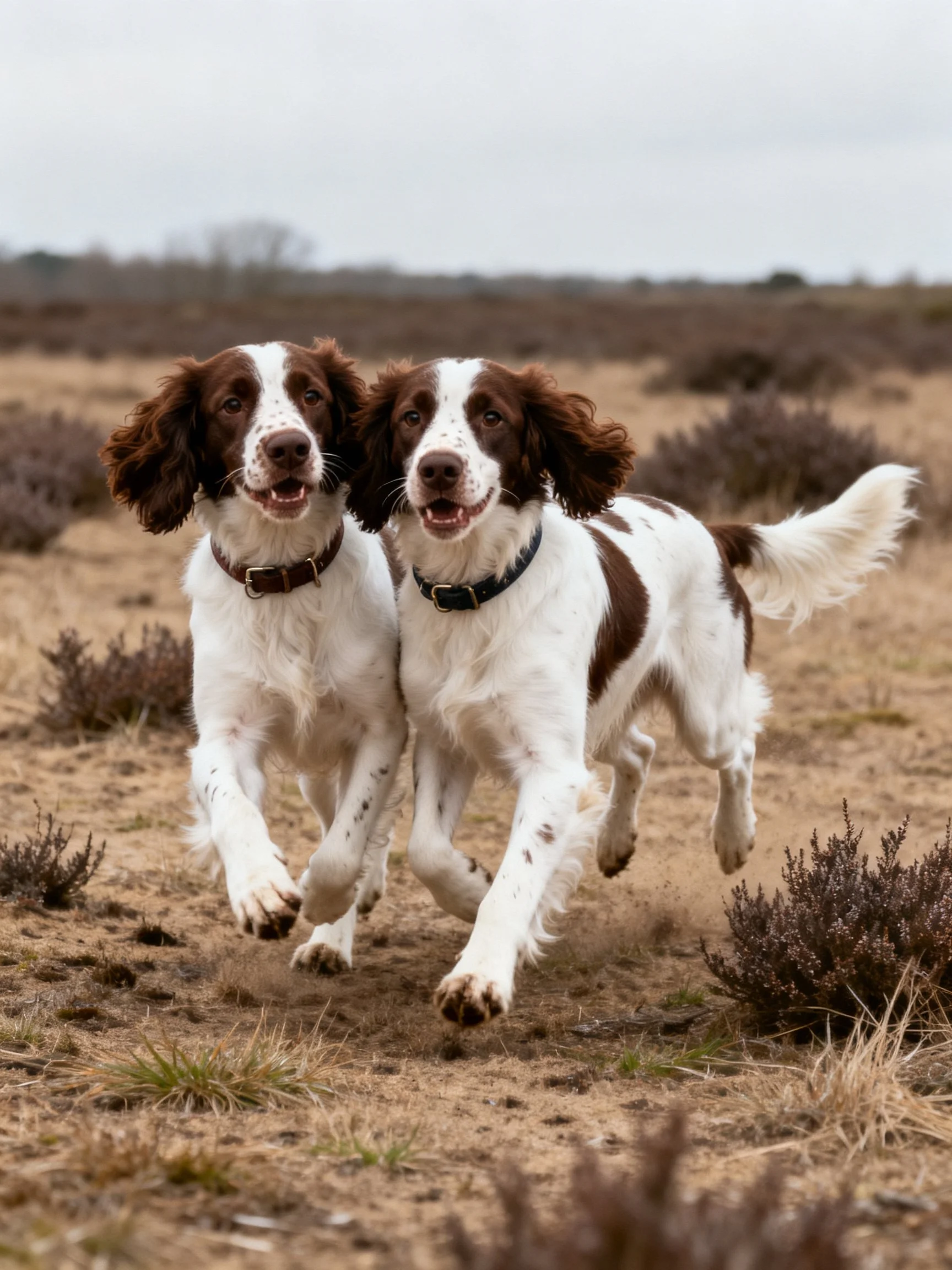 Two brown and white spaniels run together in an open, dry area.