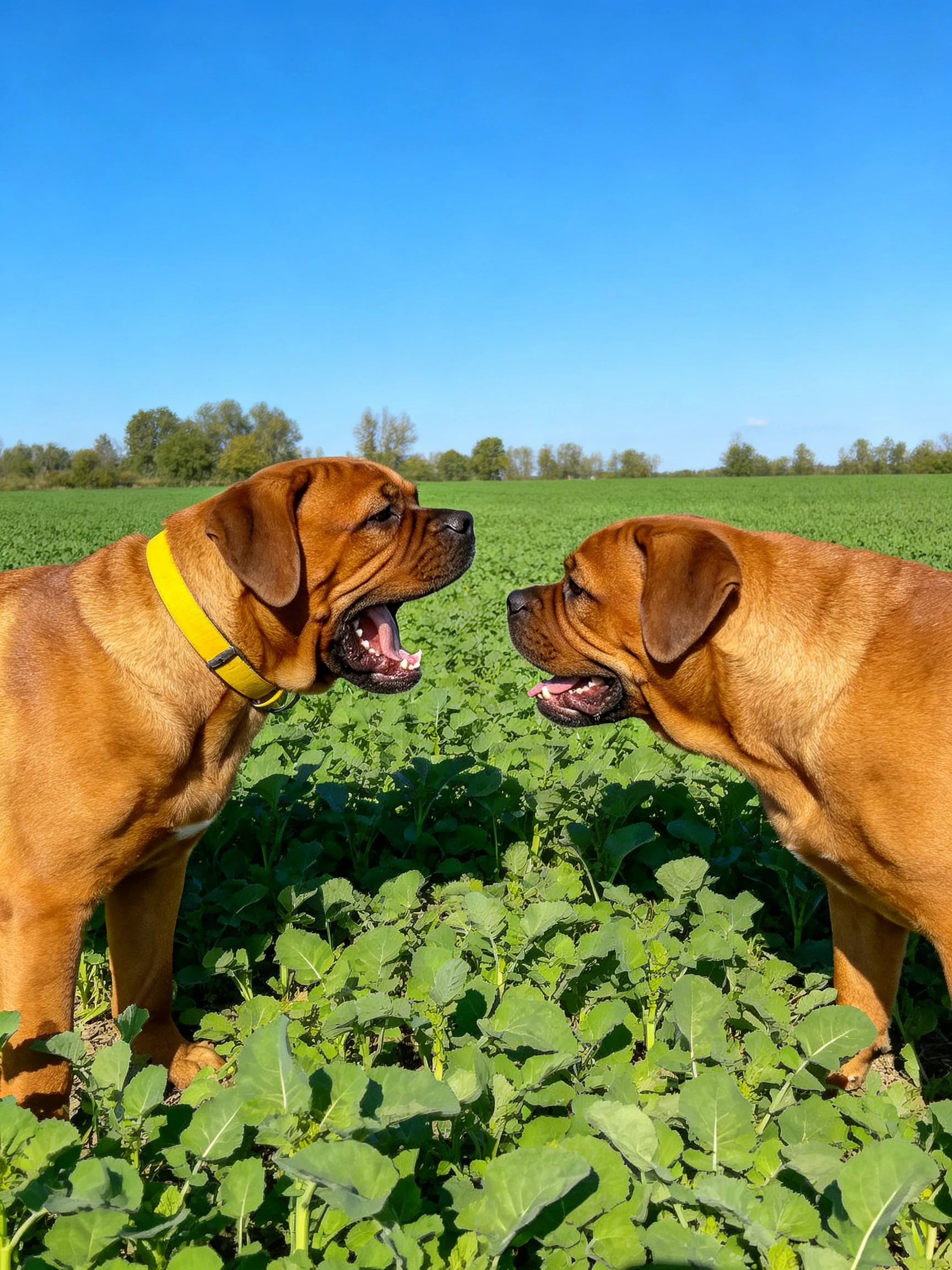 Two brown dogs stand facing each other in a green field.
