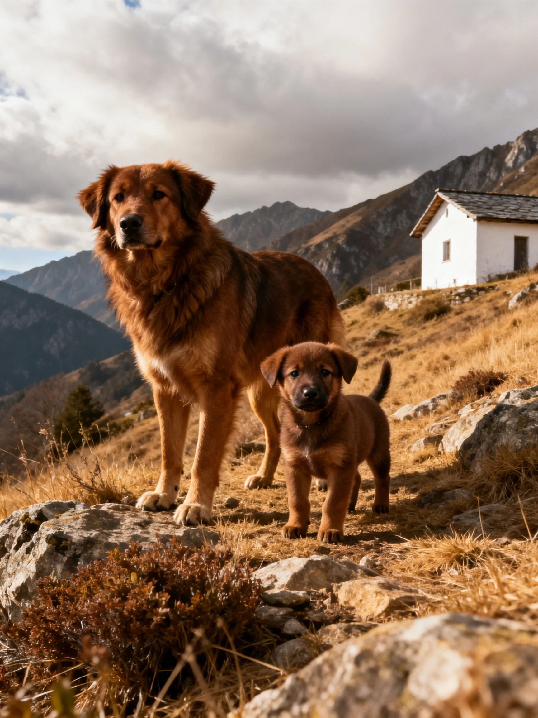 An adult dog and puppy stand together near a white cabin in mountainous terrain.