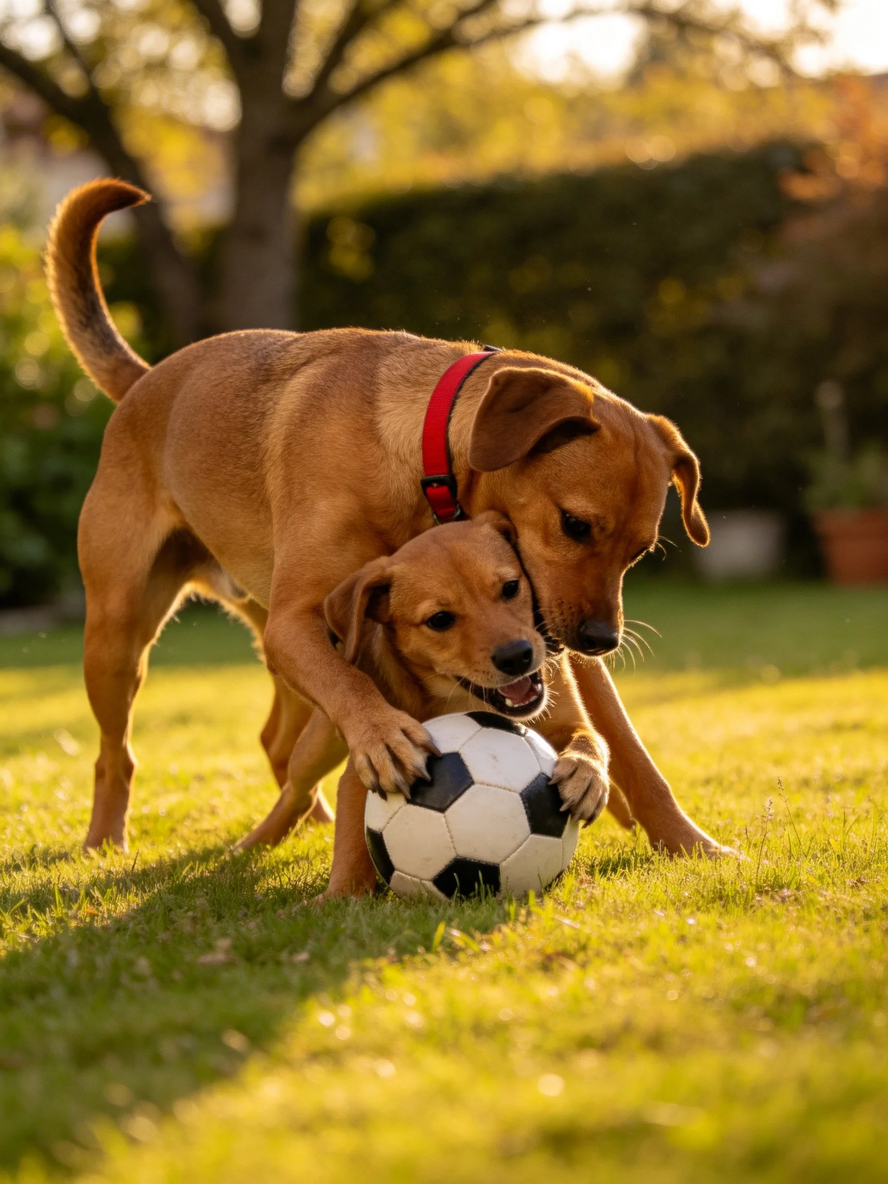 Two brown dogs interact with a soccer ball in an outdoor setting.