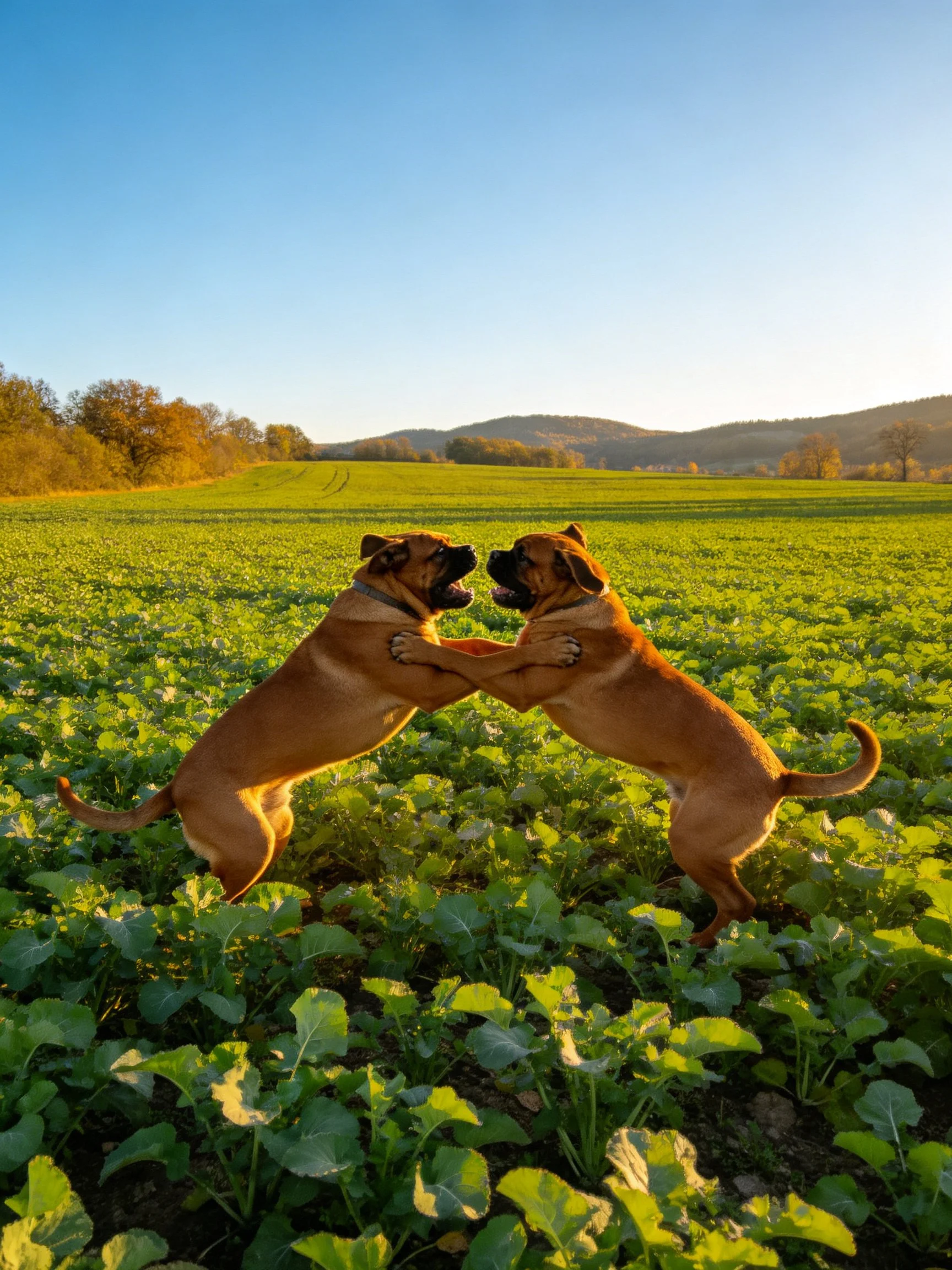 Two brown dogs face each other playfully in a sunlit open field.
