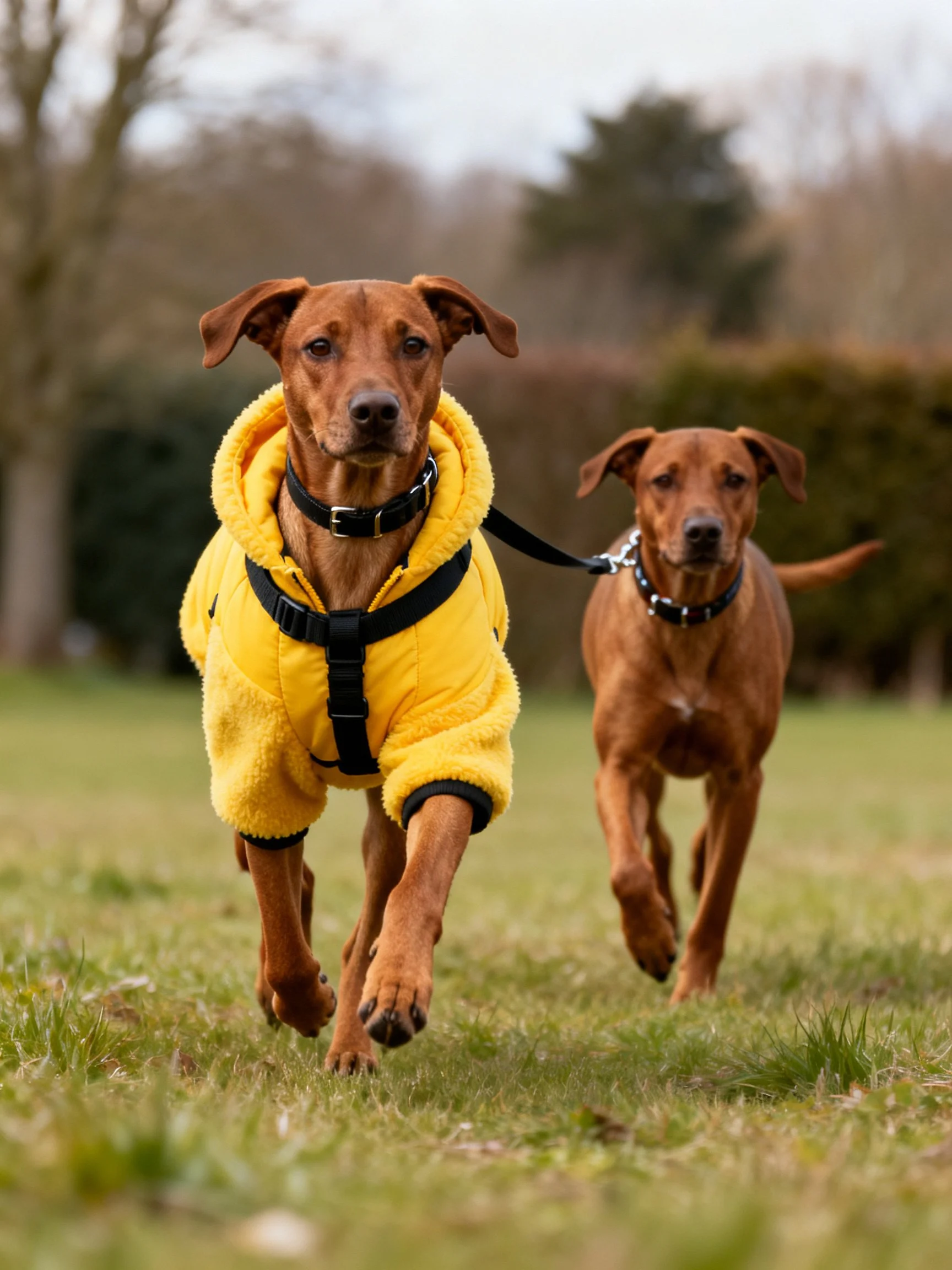 Two brown dogs run together, one wearing a yellow coat.