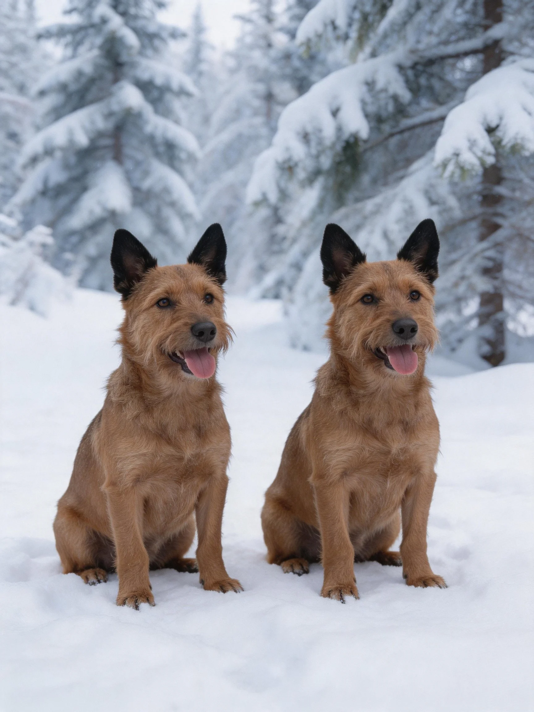 Two brown dogs rest in a snowy forest environment.