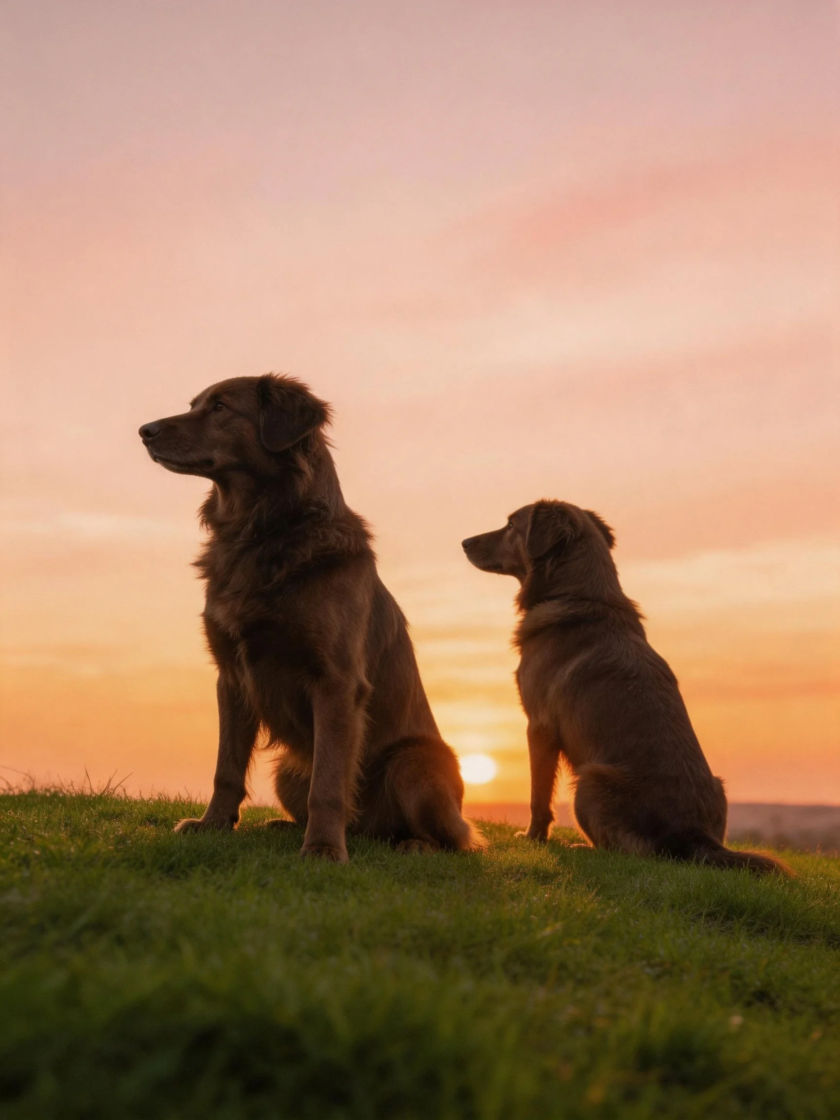 Two brown dogs sit on grass watching the sunset