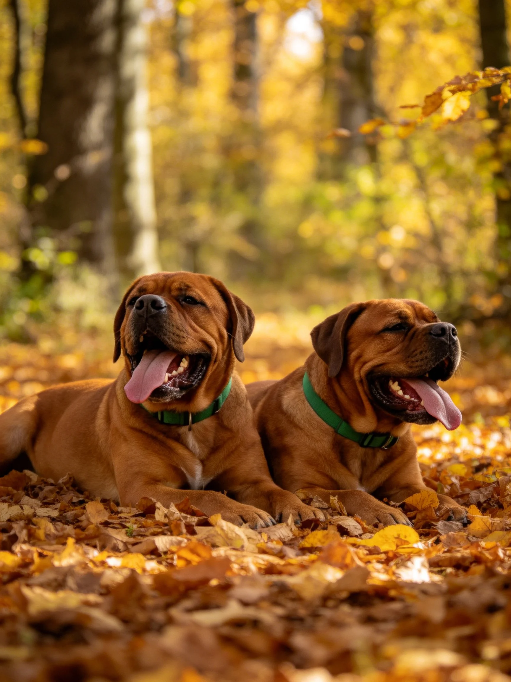 Two brown dogs rest on autumn leaves in a sunlit forest.