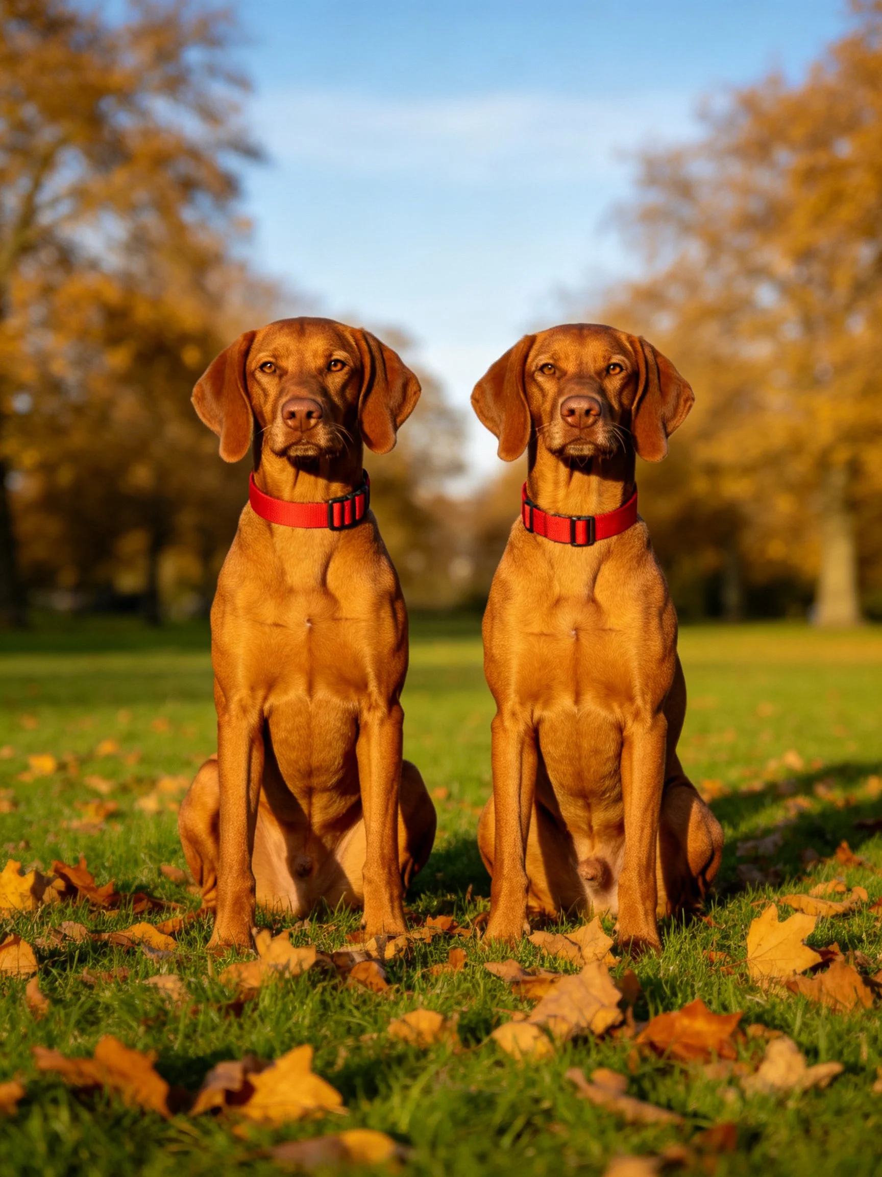 Two brown dogs with red collars sit calmly among autumn leaves.