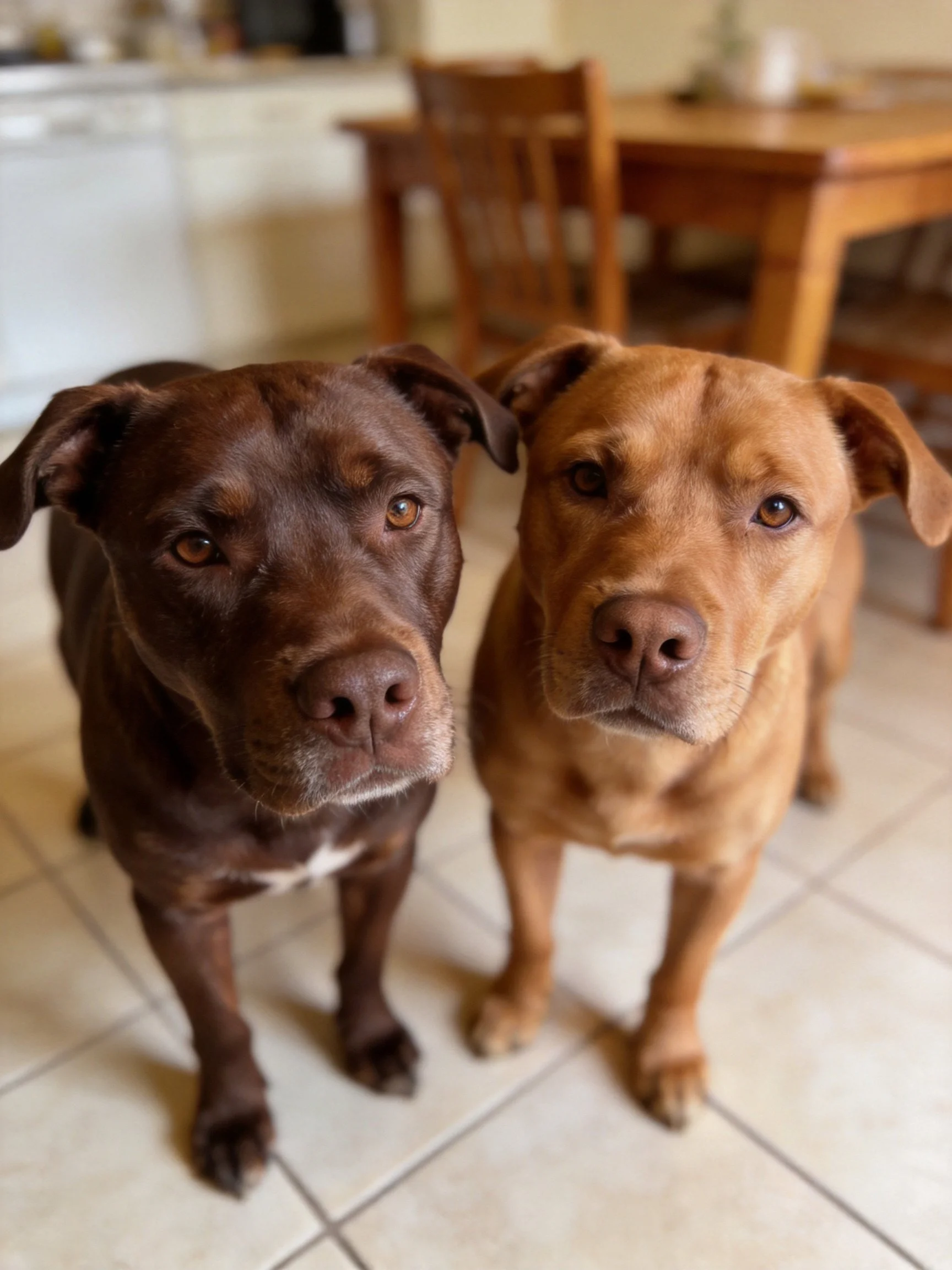 Two brown dogs stand together indoors near wooden furniture.